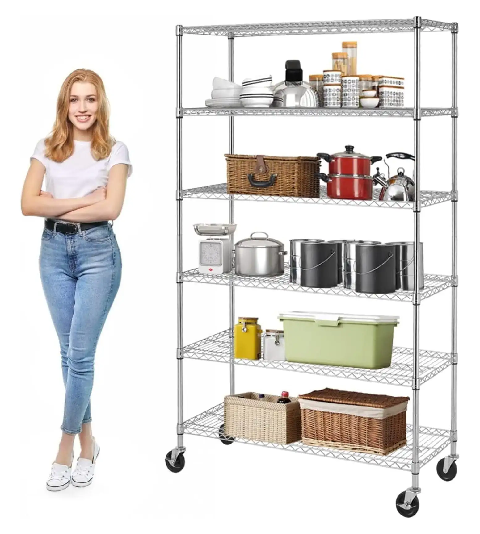 6-Tier Wire Shelving Unit 6000lb Capacity NSF Heavy Duty Steel Height Adjustable Storage Shelves with Wheels. 18 L x W x 76 H Metal Shelf - Chrome