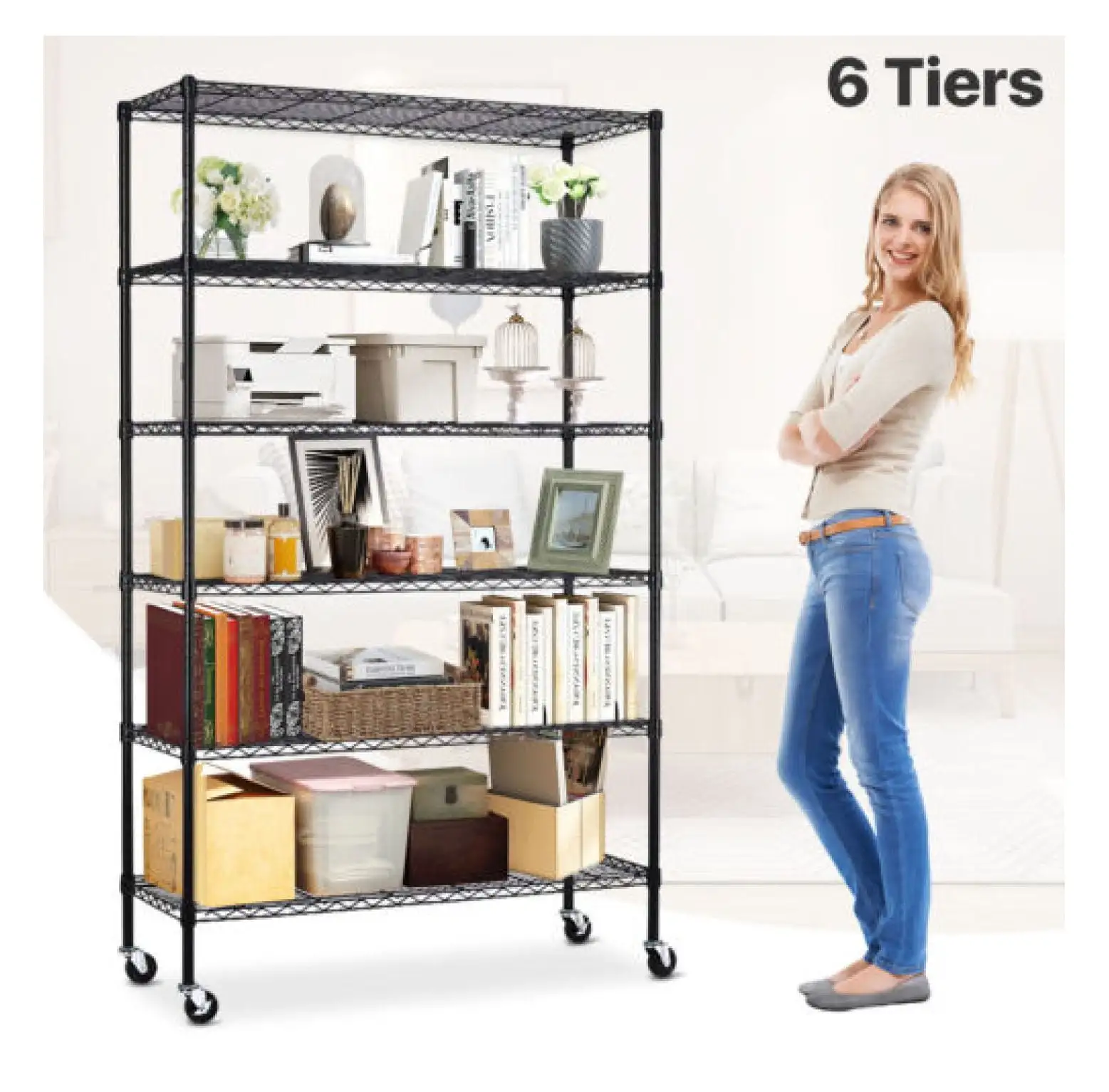 6 Tier Wire Shelving Unit Adjustable Heavy Duty Metal Shelf Storage Rack Black