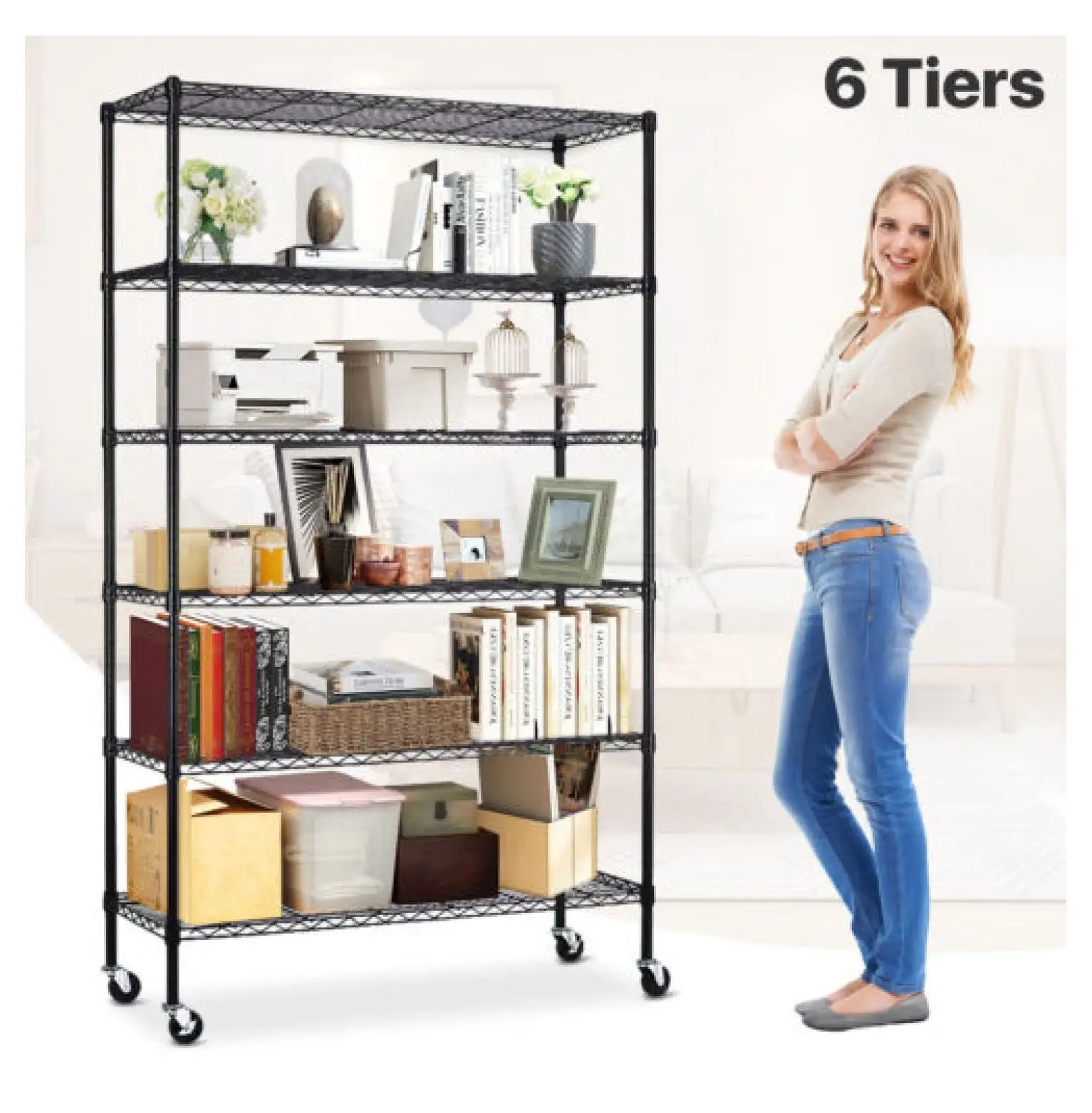 6 Tier Wire Shelving Unit Adjustable Heavy Duty Metal Shelf Storage Rack Black