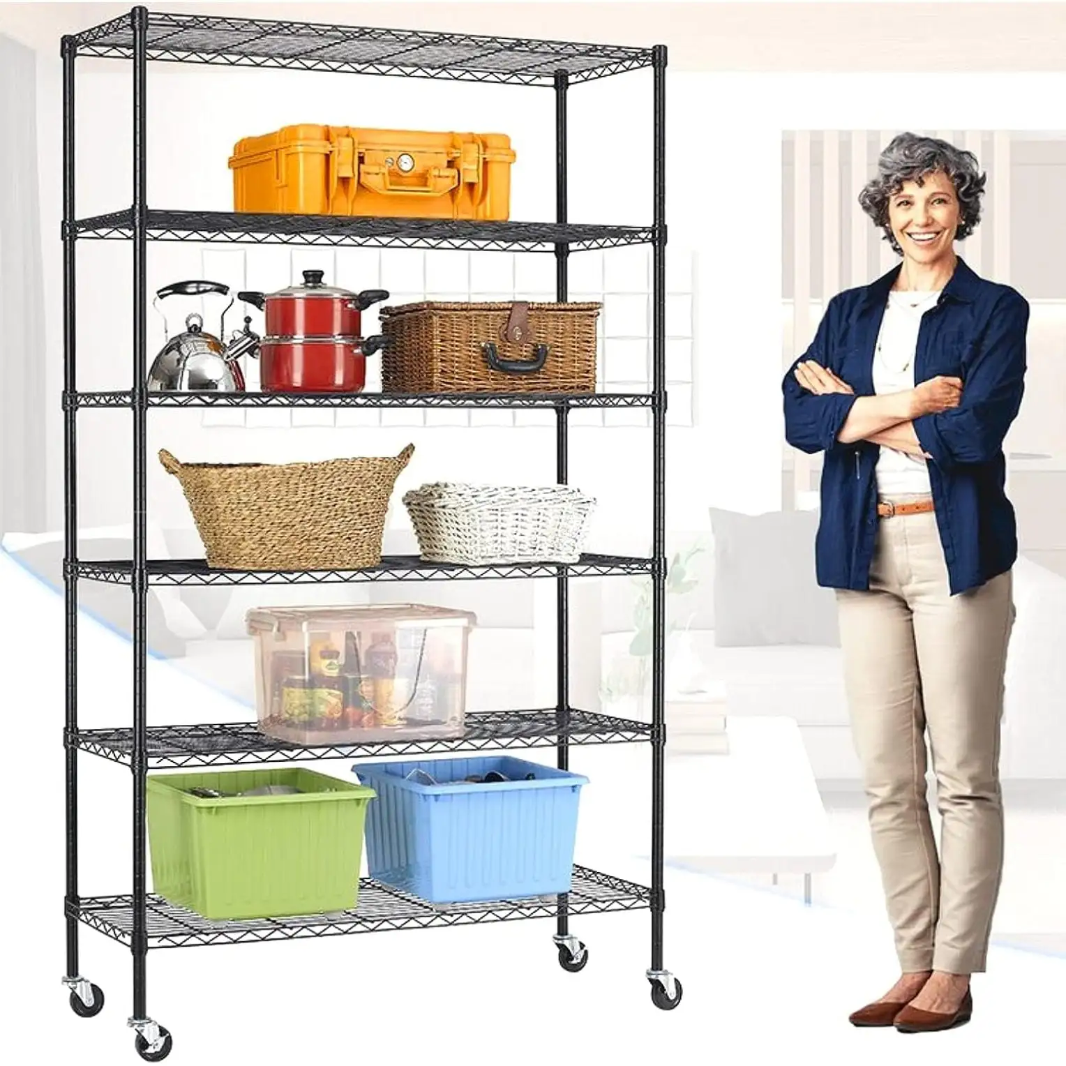 6-Tier Wire Shelving Unit Wire Shelves Garage Storage Shelf. Metal Wire Shelving w/Wheels & NSF Certification Heavy Duty Grade Shelving Rack for Kitchen Garage Office 48x18x82. Black