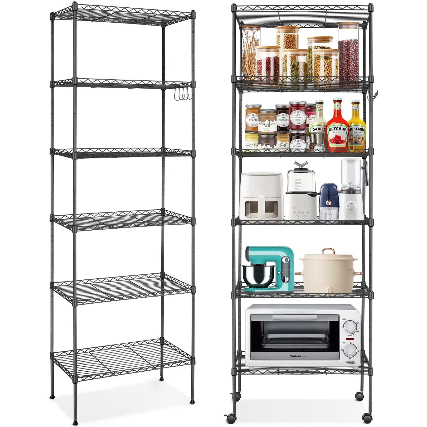 6 Tier Wire Shelving Unit. Space-saving Steel Storage Shelf Rack. Standing Metal Shelf Organizer Height Adjustable Display Shelf with 4 Hooks for Kitchen. Garage. Office