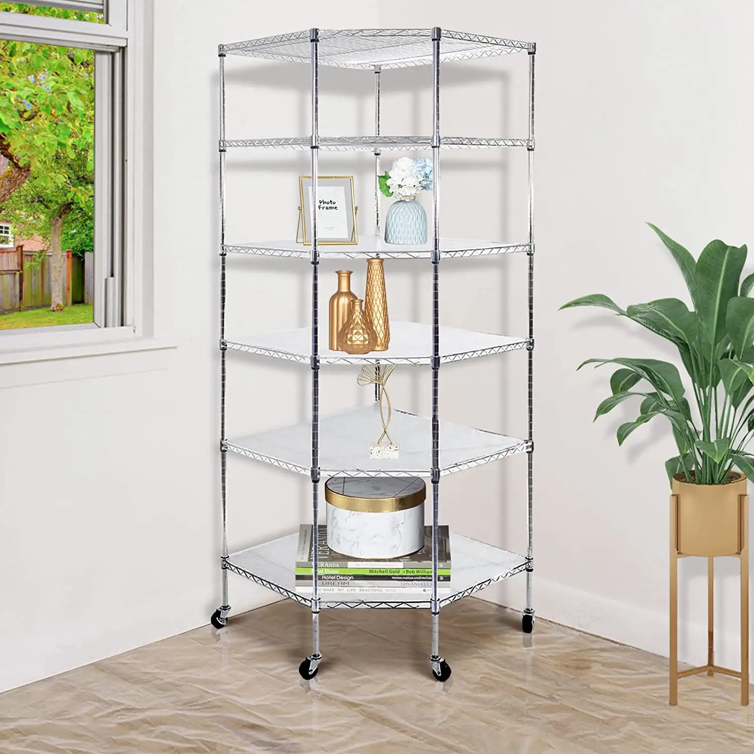 6 Tiers Corner Shelf. Adjustable Metal Storage Wire Shelving Unit Corner Rack Corner Shelving. Free Standing Corner Storage Rack Display with Wheels for Garage Living Room. Bathroom. Kitchen