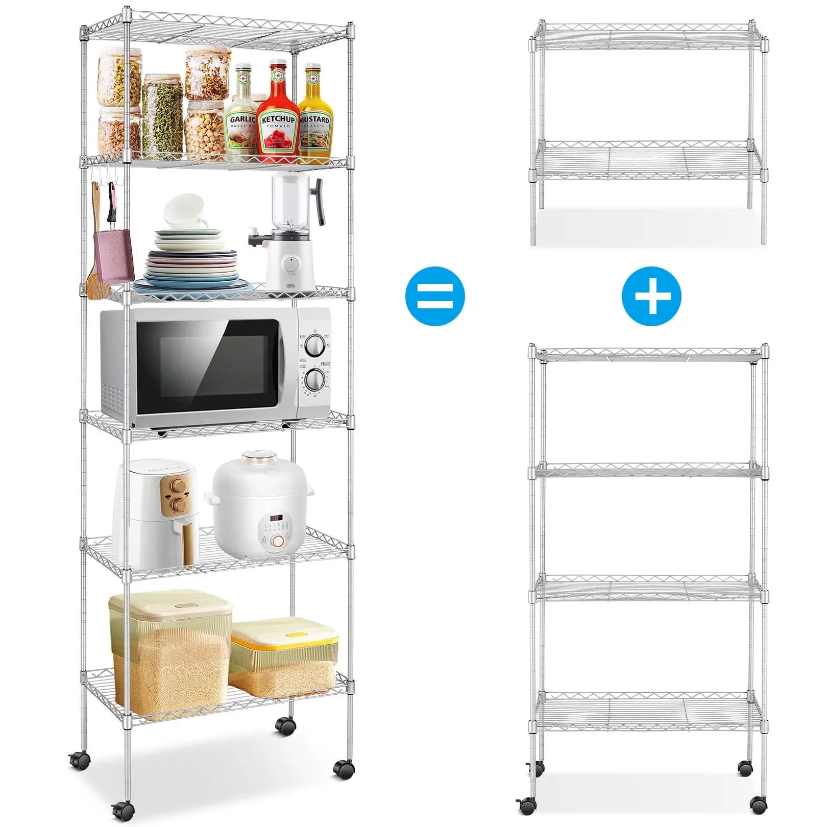 6-Tiers Heavy Duty Clothing Garment Racks with 5 Adjustable Height Storage Shelves.Rolling Clothing Racks on Wheels. Wire Shelving Unit (Silver)