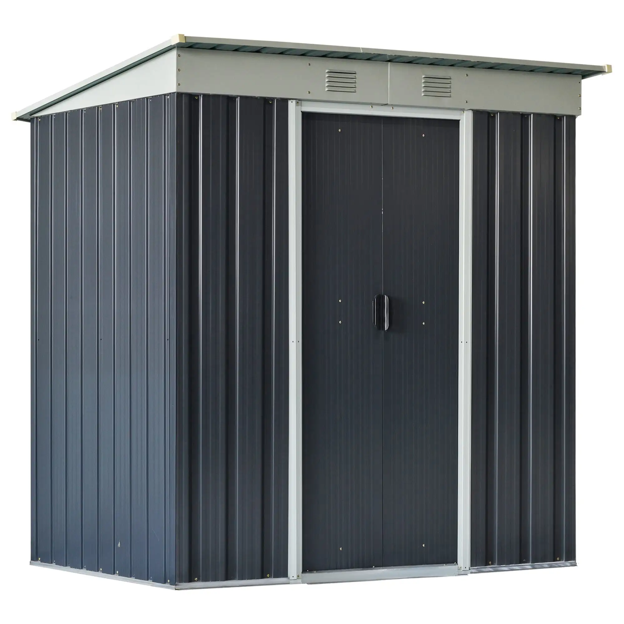 6' X 4' Metal Lean To Garden Shed. Outdoor Storage Shed. Garden Tool House With Double Sliding Doors. 2 Air Vents For Backyard. Patio. Lawn. Black