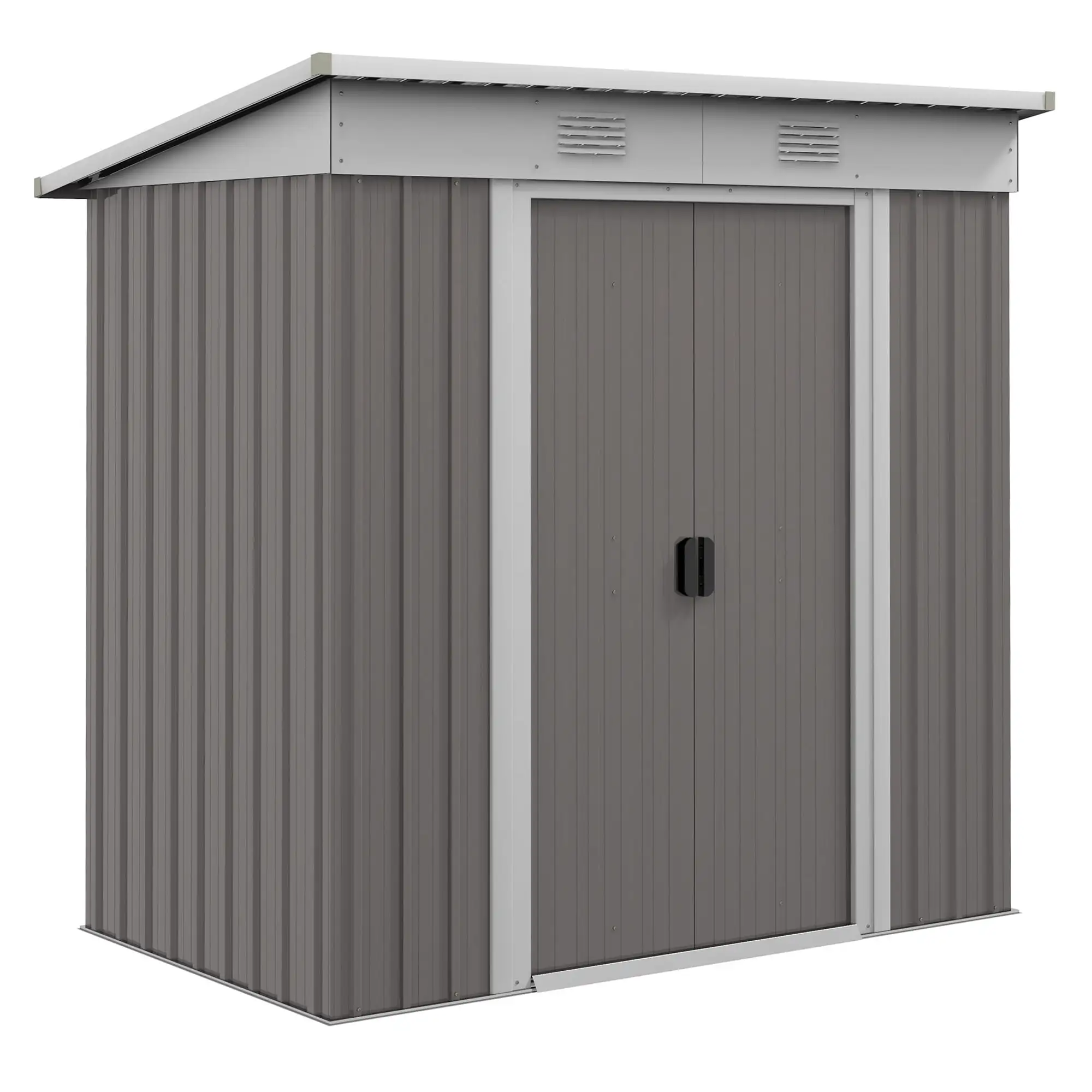 6' X 4' Metal Lean To Garden Shed. Outdoor Storage Shed. Garden Tool House With Double Sliding Doors. 2 Air Vents For Backyard. Patio. Lawn. Gray