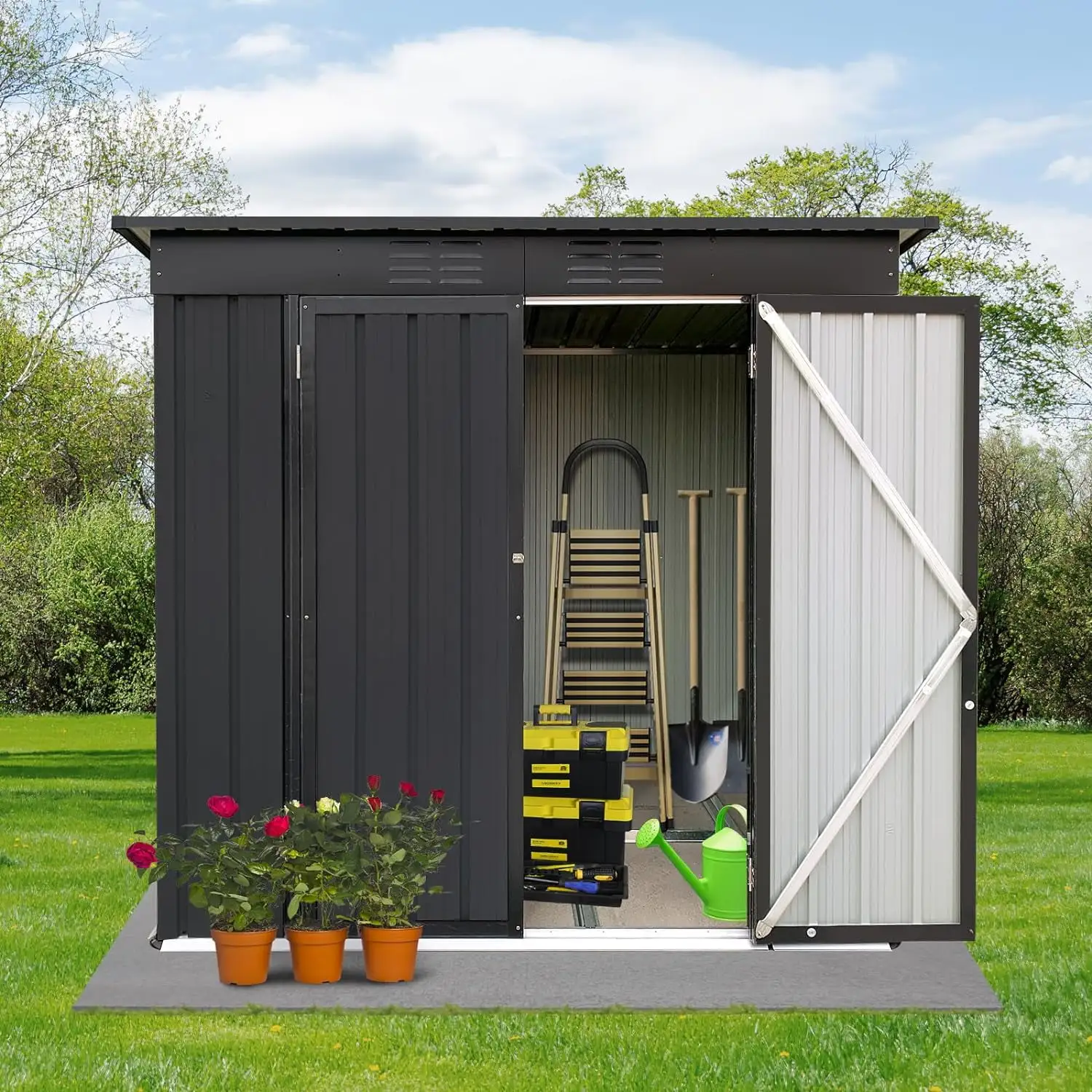 6 X 4Ft Outdoor Storage Shed.Anti-Corrosion Tool Shed With Sloping Roof.Heavy Duty Metal Tool Sheds Storage House W/Lockable Door & Air Vent For Garden. Patio. Lawn.Black