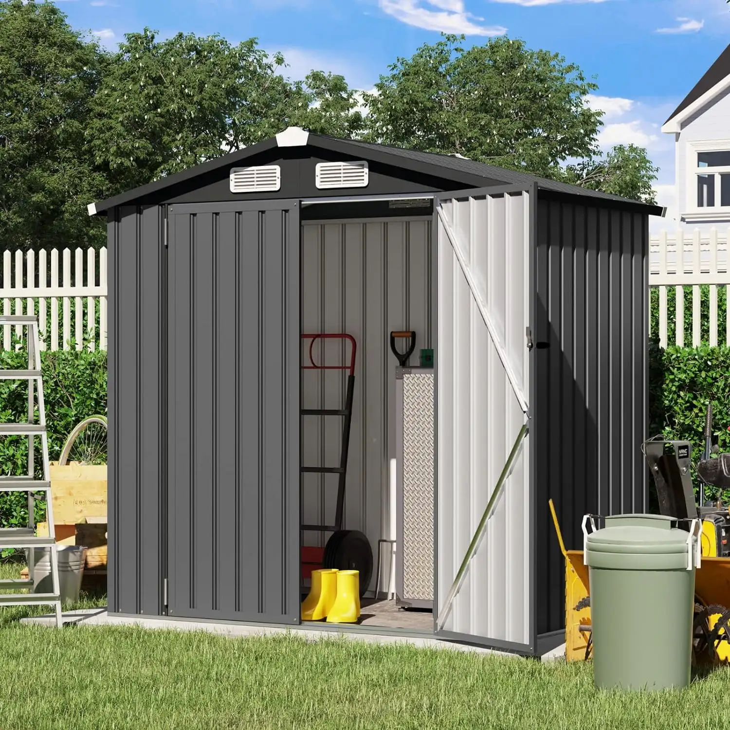 6'X4' Outdoor Storage Shed. Galvanized Metal Steel Garden Shed W/Lockable Door. Bike Storage For Backyard. Patio. Lawn (72.05X38.58X77.17.Black)