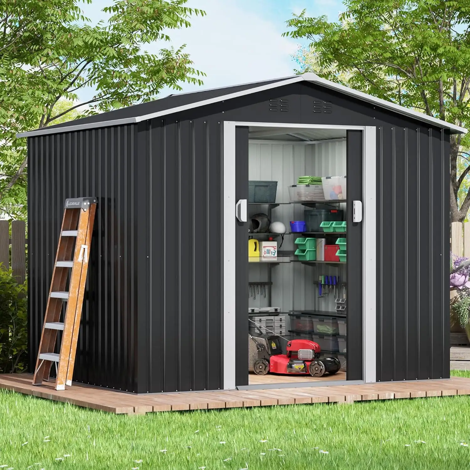 6'X8' Garden Shed. Large Metal Lockable Outdoor Storage Shed & Outdoor Storage Garden Shed Tool Outdoor Storage Shed With Sliding Doors And Air Vent For Backyard. Patio. Lawn