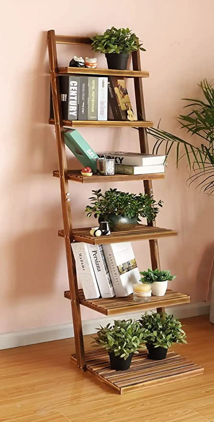 6 tier bookshelf ladder shelf-Large Bamboo Storage Shelves Wall Leaning Shelf for Garage. Kitchen. Office.Corner Display Bookcase