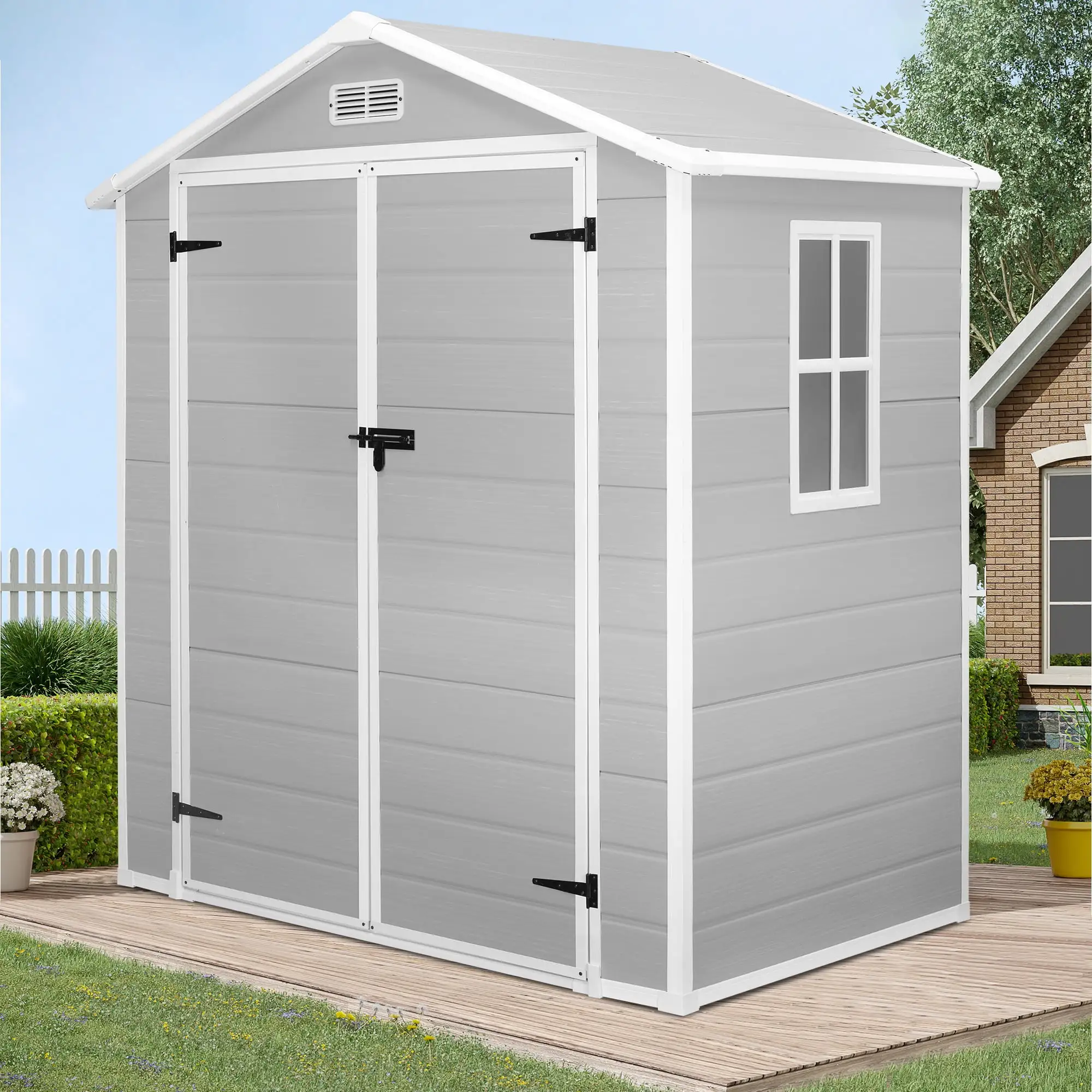 6' x 4.4' Plastic Outdoor Shed. All-Weather Resin Large Backyard Storage Sheds with Reinforced Floor. Lockable Door Garage Patio Garden Storage Shed