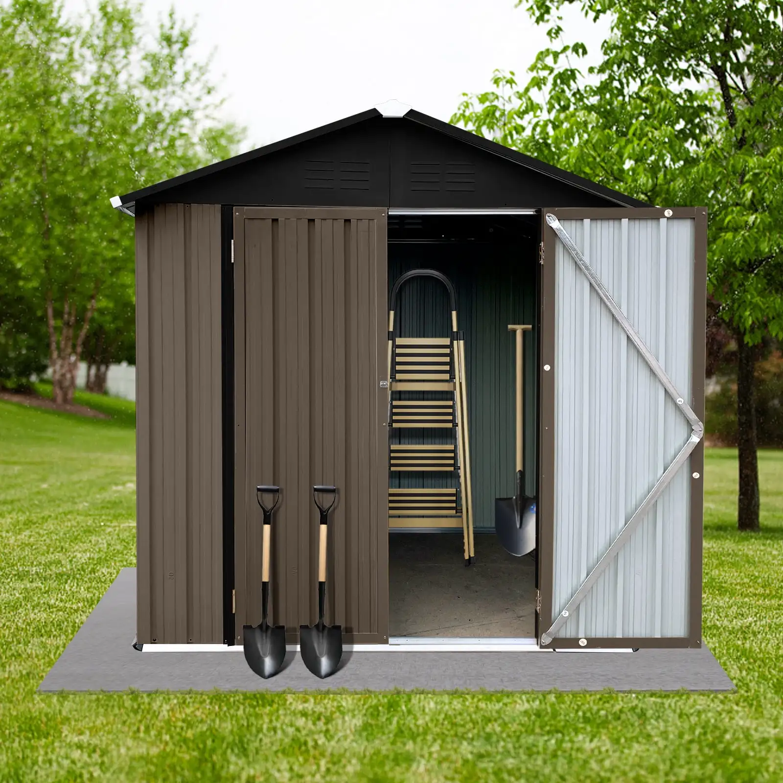 6 x 4 FT Outdoor Storage Shed. Metal Garden Tool Sheds & Outdoor Storage House for Patio Lawn Backyard. Brown