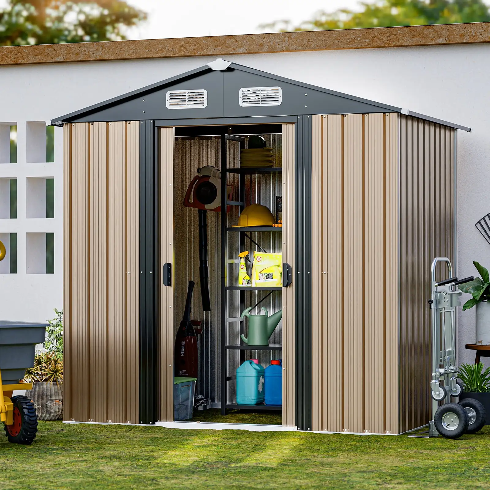 6 x 4 FT Outdoor Storage Shed. Metal Shed with Vents & Sliding Door for Gardening Tools Waterproof Thickened Galvanized Metal Storage Shed for Garden. Backyard. Lawn