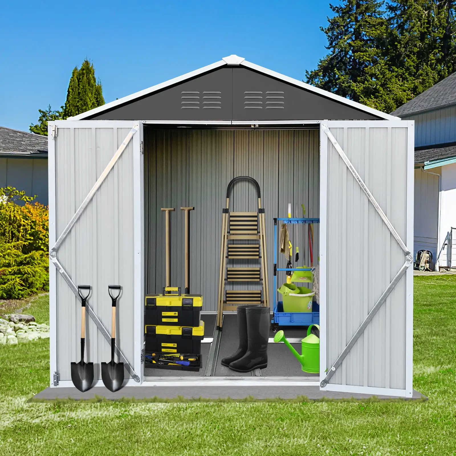 6' x 4' Outdoor Metal Storage Shed. Tools Storage Shed. Galvanized Steel Garden Shed with Lockable Doors. House Outdoor Storage Shed for Backyard. Patio. Lawn. D8311