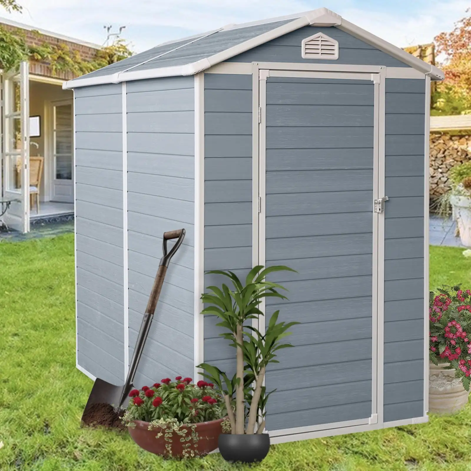 6' x 4' Outdoor Resin Storage Shed. Backyard Plastic Sheds with Reinforced Floor. Lockable Door. Garage Patio Garden Storage Shed. Gray