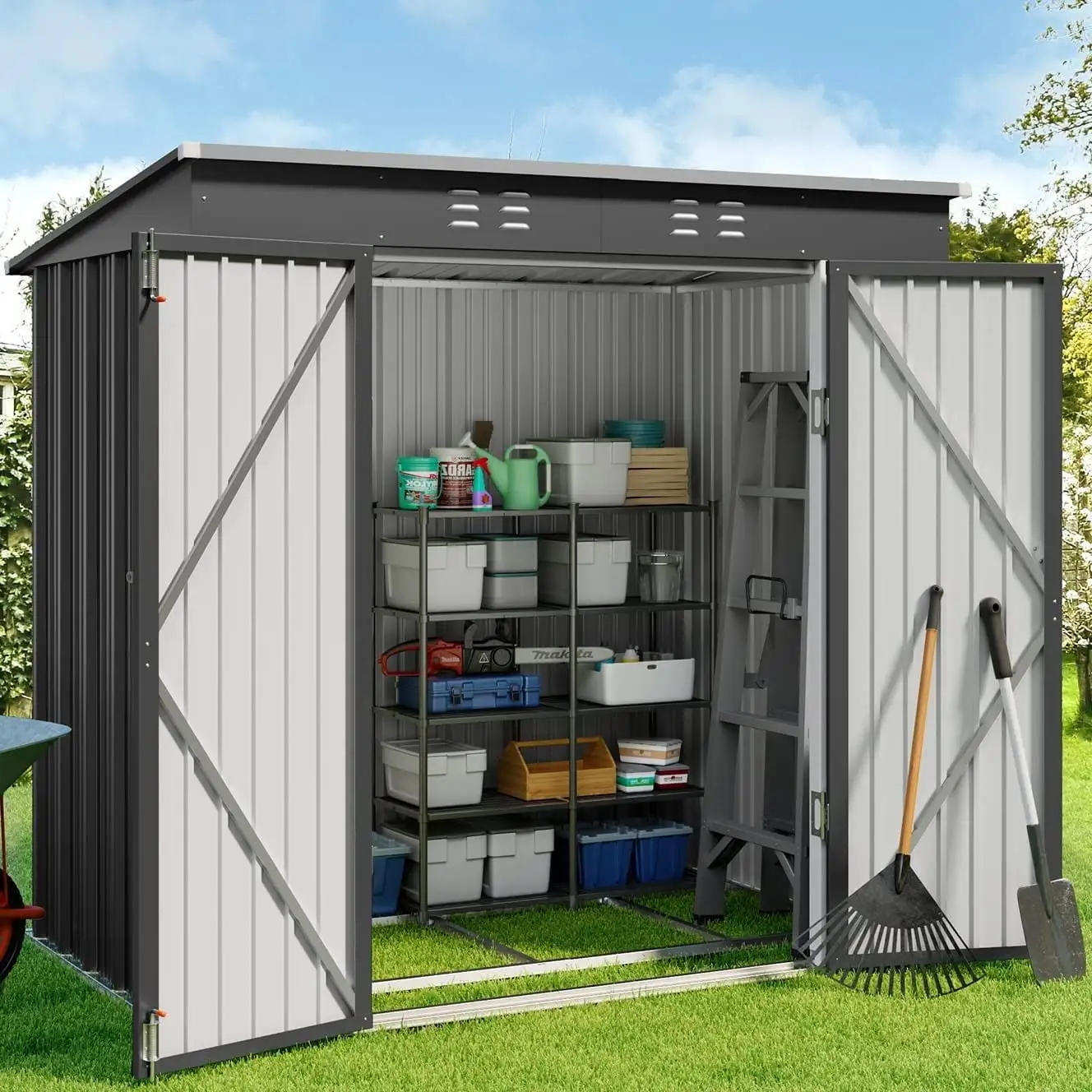 6' x 4' Outdoor Storage Shed. Metal Garden Tool Storage Shed with Double Lockable Doors. Gray