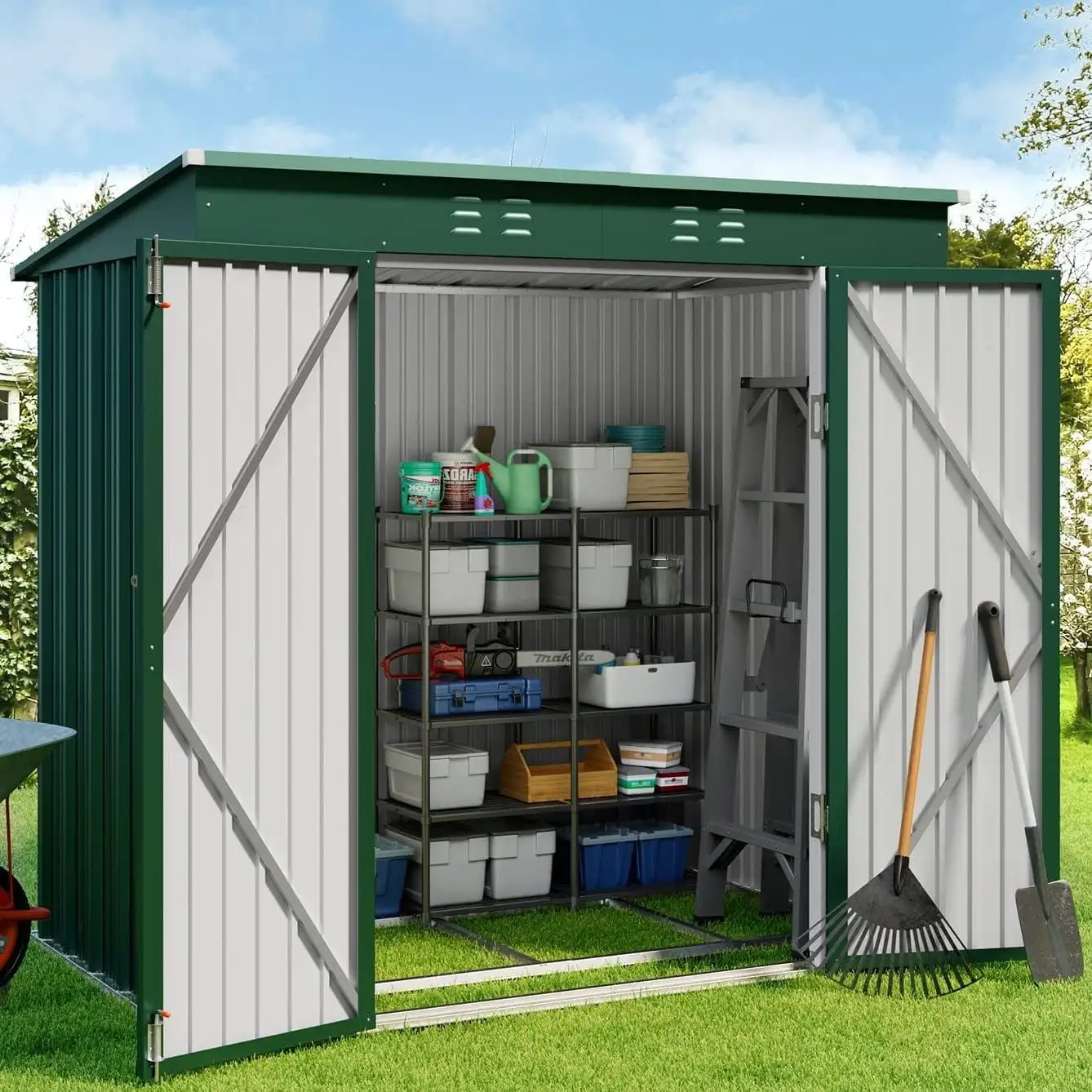 6' x 4' Outdoor Storage Shed. Metal Garden Tool Storage Shed with Double Lockable Doors. Green