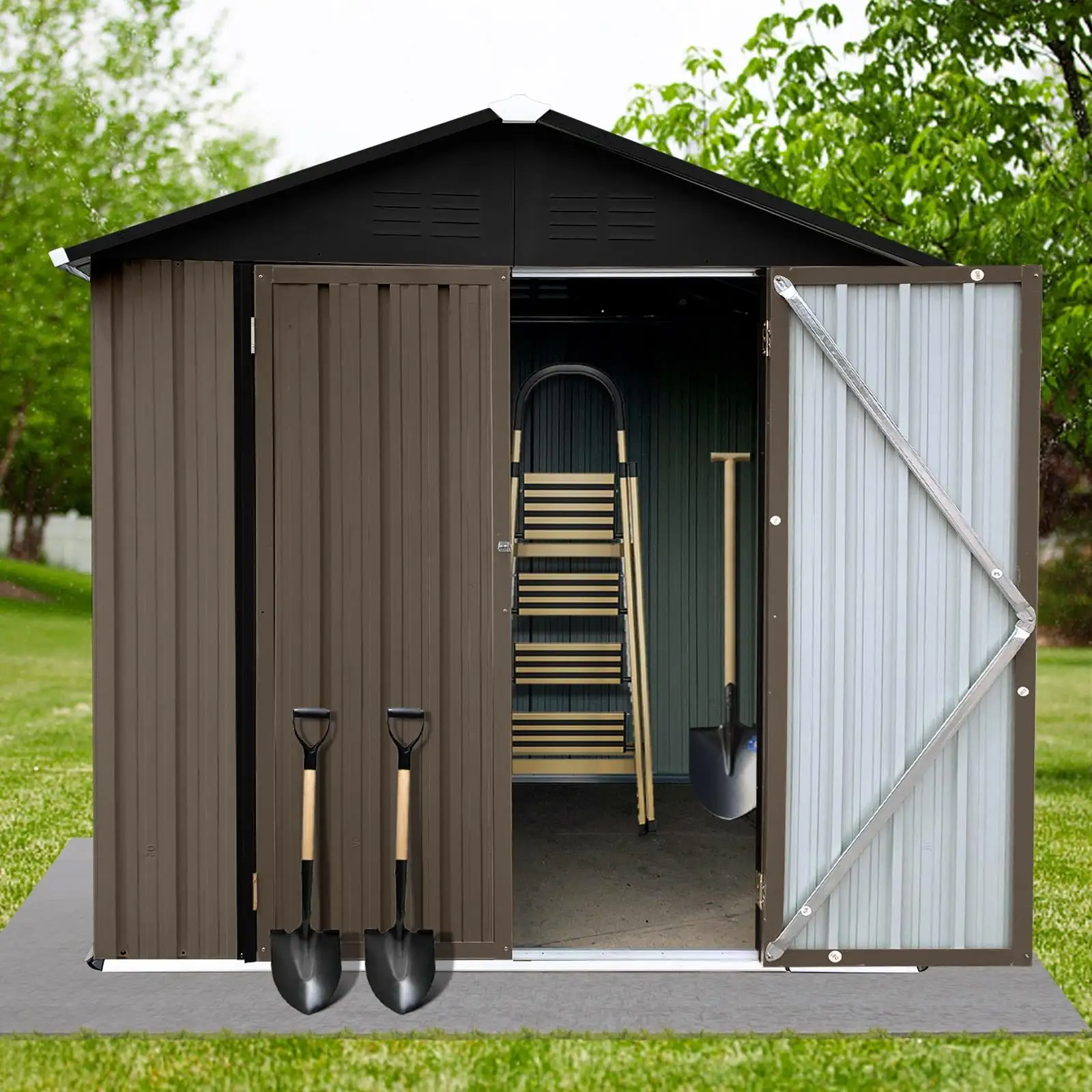 6 x 4 Sheds and Outdoor Storage. Metal Storage Shed with Sliding Roof and Lockable Door for Garden Tools. Bike and Garbage Can. Waterproof Outdoor Storage Cabinet. Brown