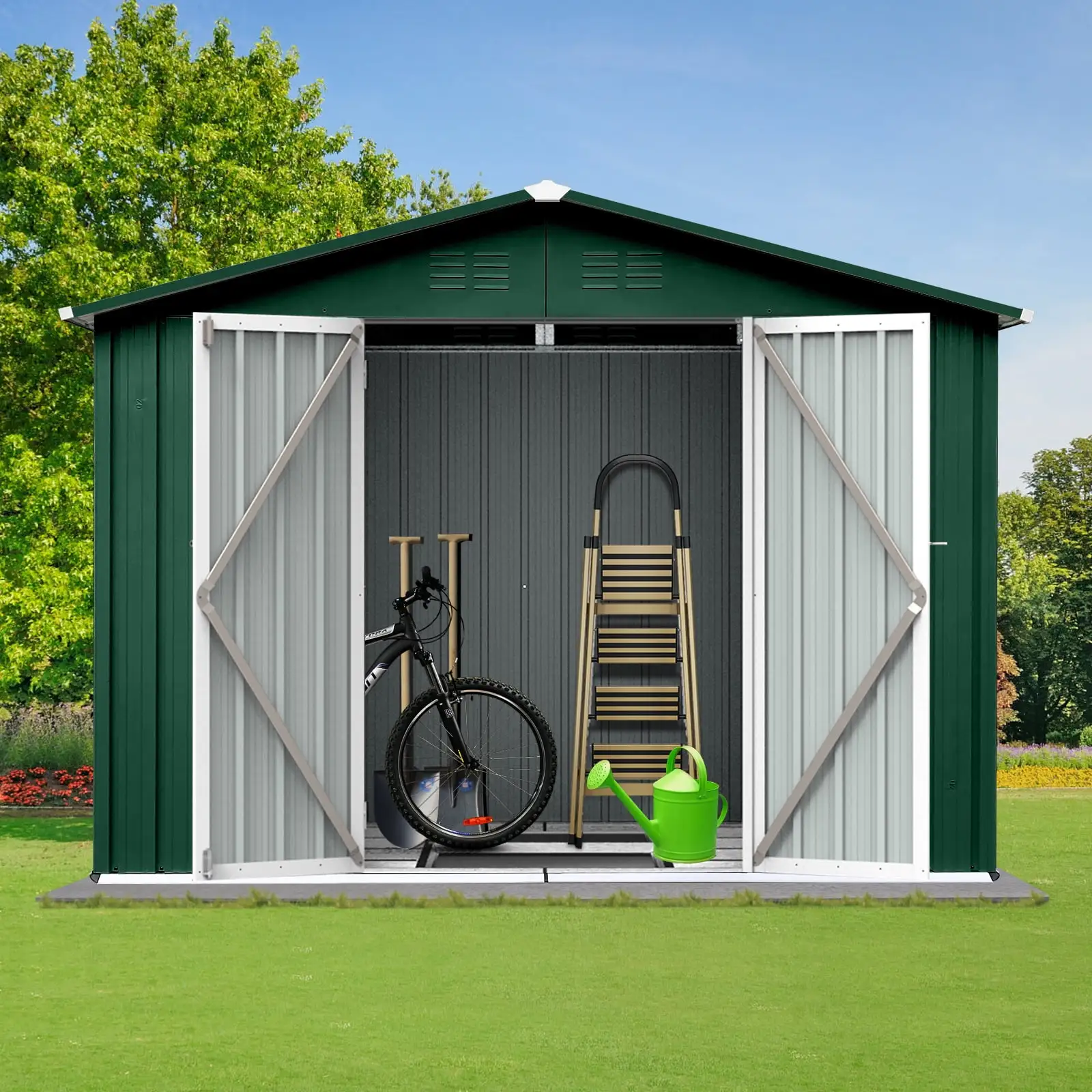 6 x 8 FT Metal Garden Sheds with Hinged Door and Padlock. Punched Vents. Pent Roof Outdoor Storage Shed. Easy to Assemble for Garden Tool Equipment Material. Green