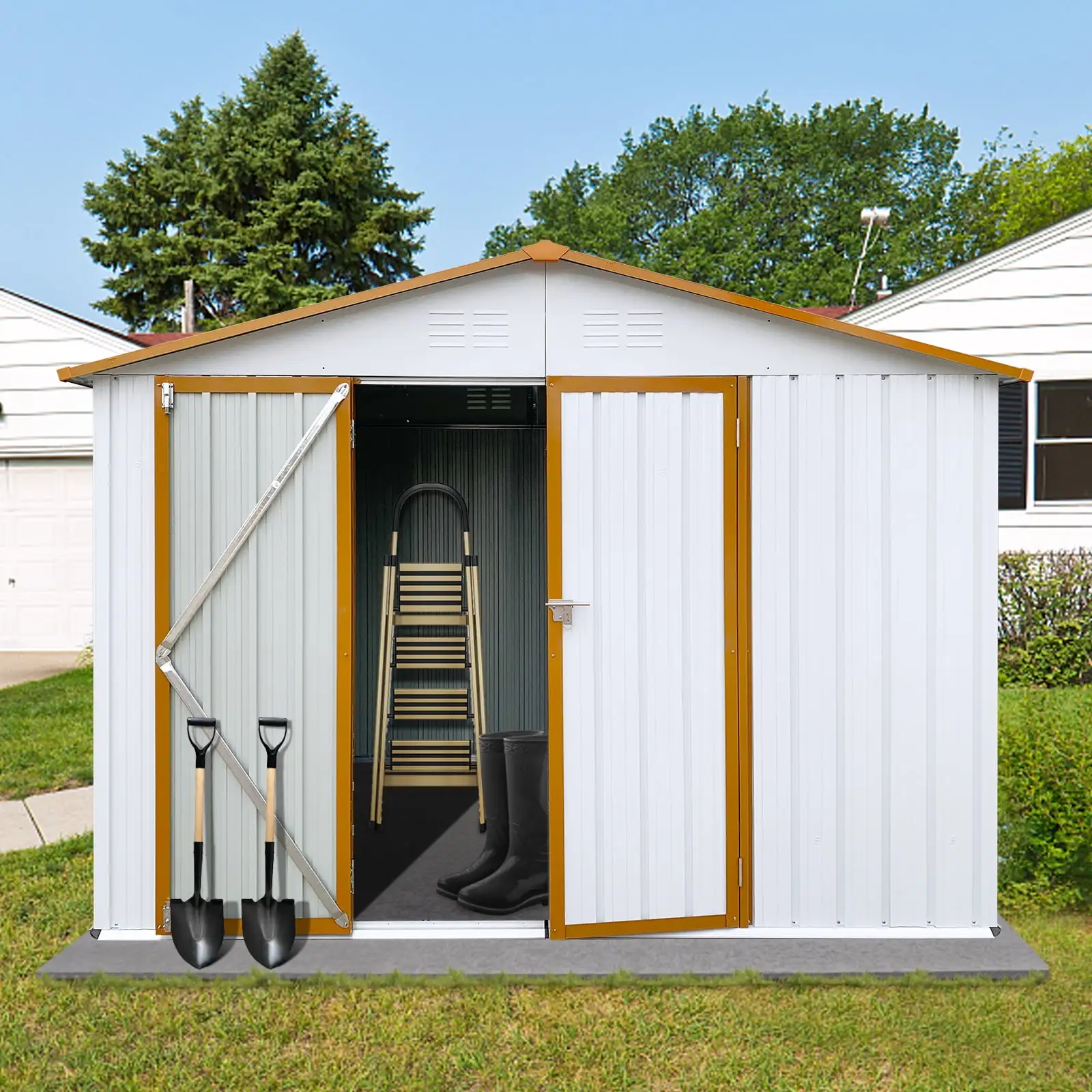 6 x 8 FT Metal Garden Sheds with Hinged Door and Padlock. Punched Vents. Pent Roof Outdoor Storage Shed. Easy to Assemble for Garden Tool Equipment Material. Yellow