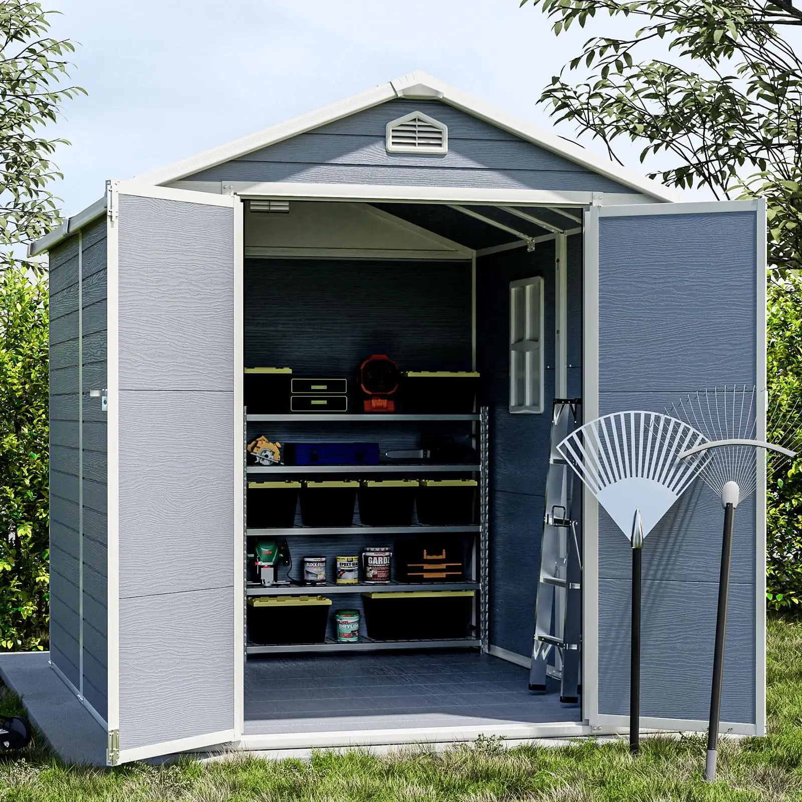 6' x 8' Plastic Shed for Outdoor Storage. Resin Storage Shed with Window and Lockable Door for Garden. Backyard. Patio. Tool Storage Use. Gray