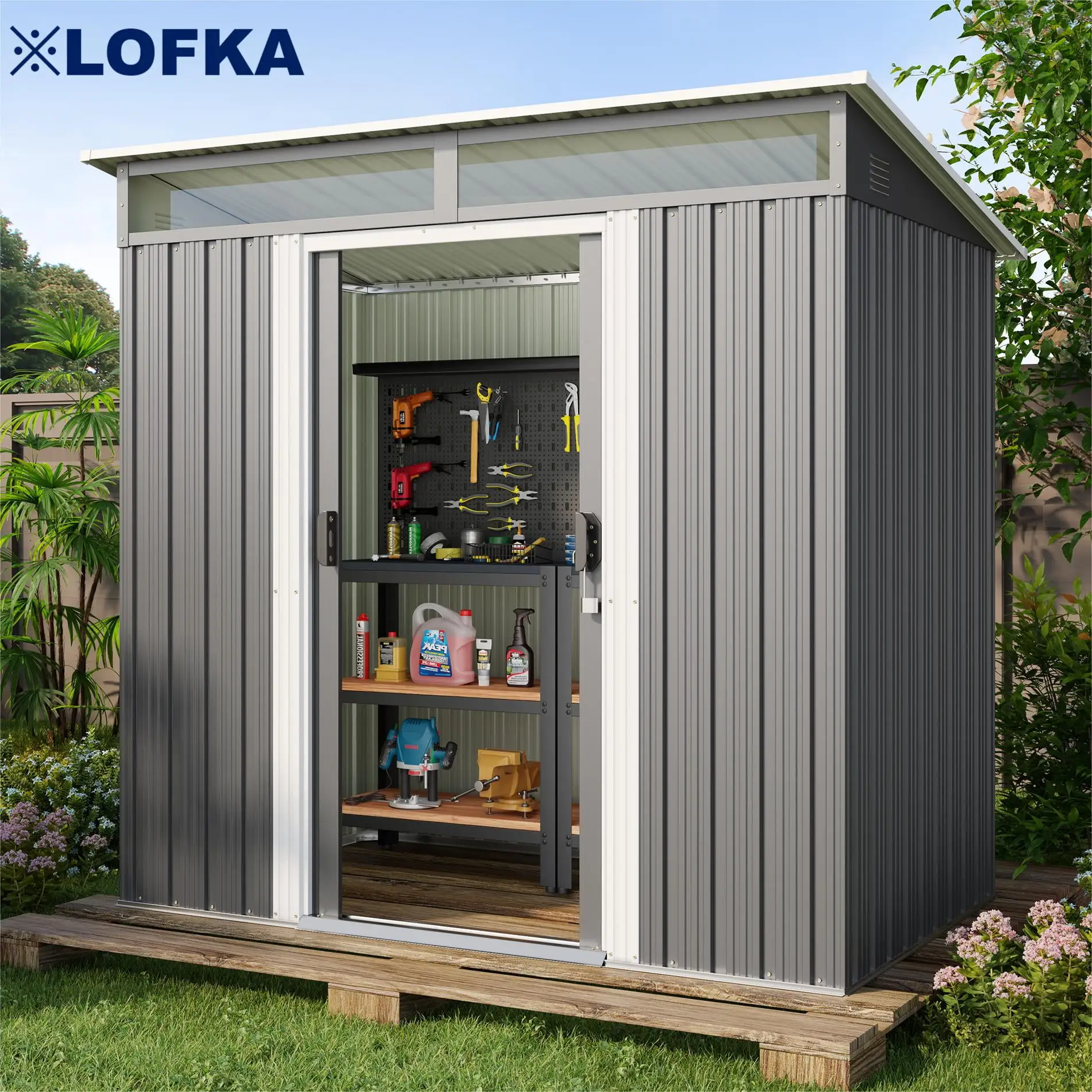 6'x4' Metel Shed. Lofka Outdoor Storage Shed.w/ Sliding Doors. Dark Gray