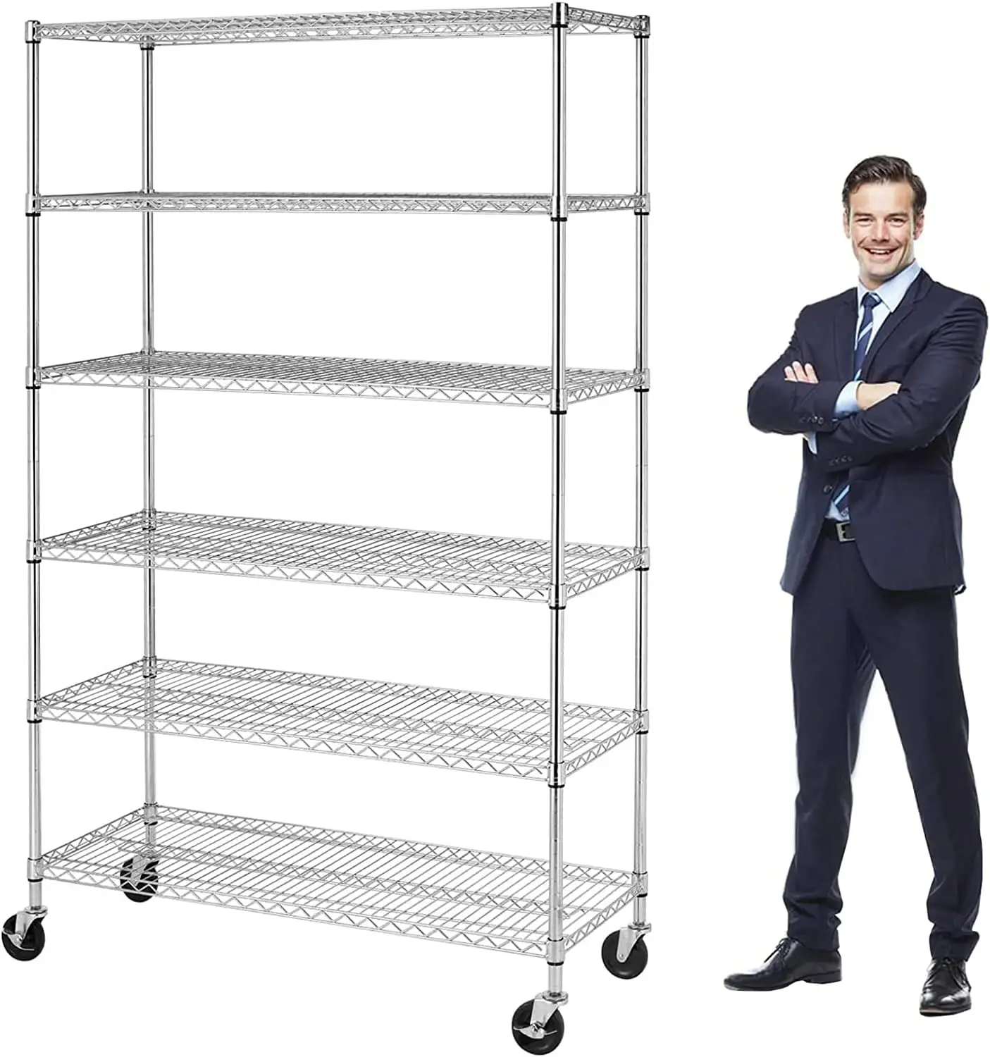 6000Lbs Capacity Adjustable Storage Shelves Heavy Duty Shelving Unit 6 Tier Metal Shelving with Wheels NSF Wire Shelving (48 W x 18 D x 72 H.Chrome)