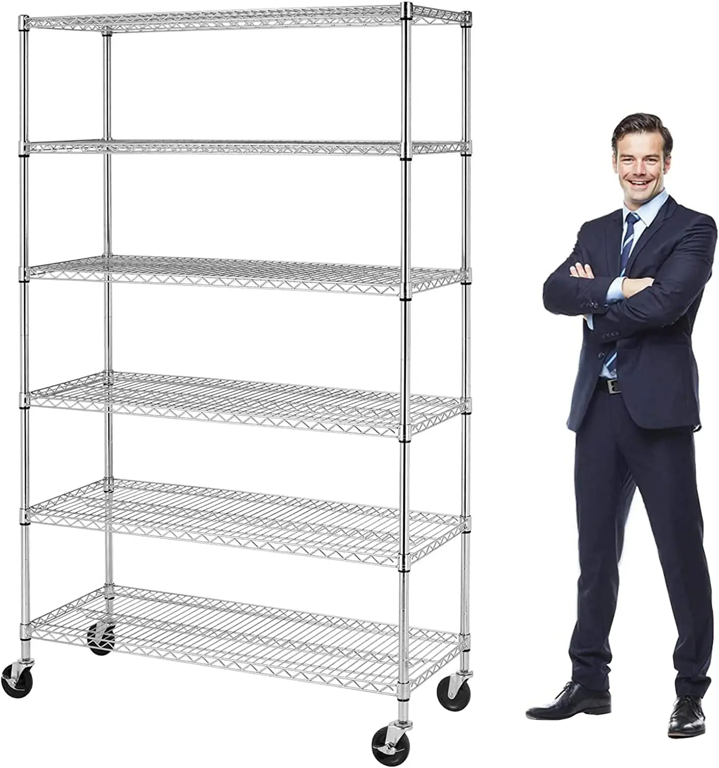 6000Lbs Capacity Adjustable Storage Shelves Heavy Duty Shelving Unit 6 Tier Metal Shelving with Wheels NSF Wire Shelving (48 W x 18 D x 72 H.Chrome)