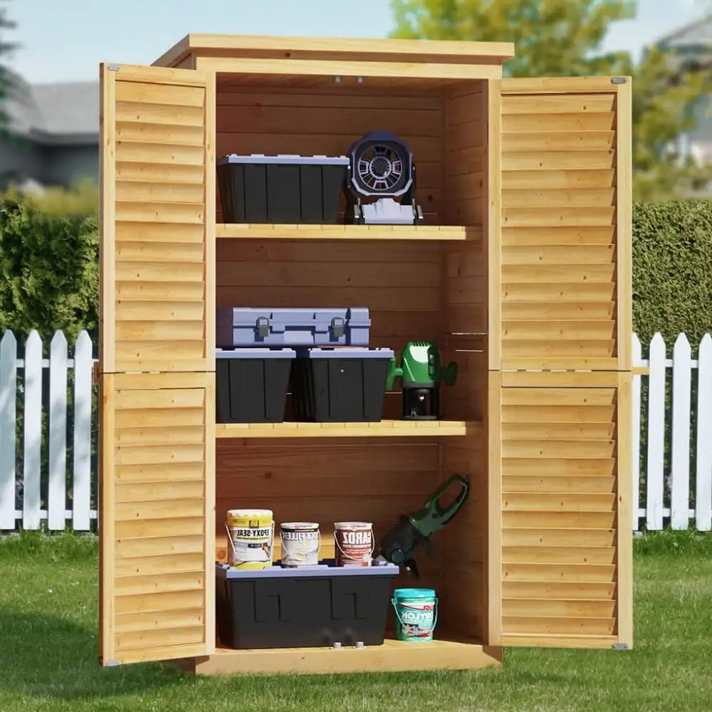 63.2 Outdoor Storage Cabinet With Double Doors. Lockable Vertical Storage Shed With 3 Shelves Organizer. Waterproof Fir Wood Tool Closet Shed For Garden. Backyard. Patio. And Lawn