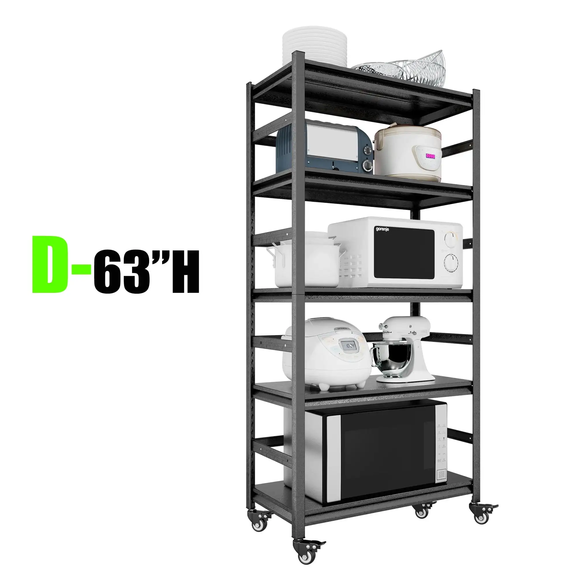 63H Storage Shelves - Heavy Duty Metal Shelving Unit Adjustable 5-Tier Pantry Shelves with Wheels Load 1750LBS Kitchen Shelf Garage Storage