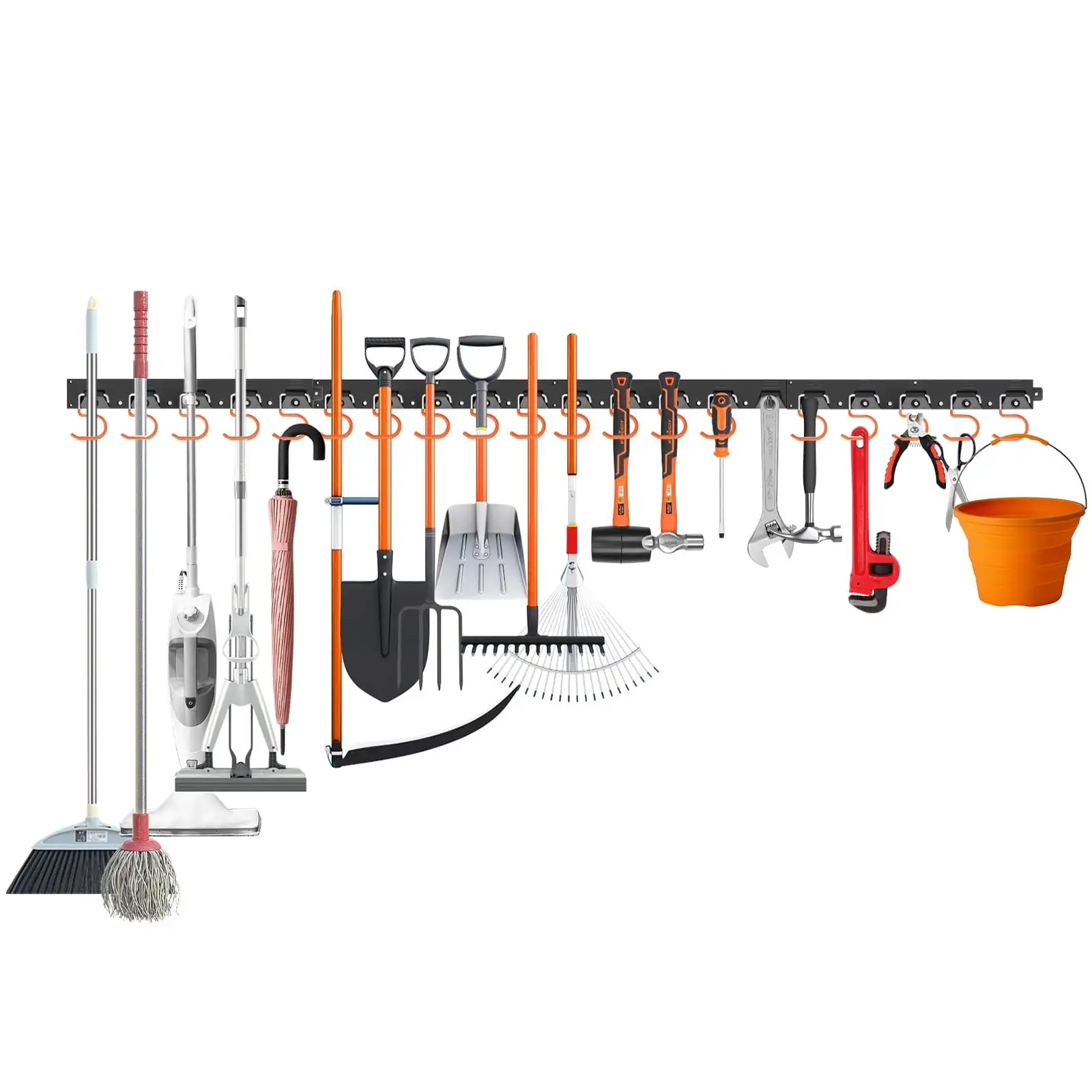 64'' Metal Garden Tool Organizer Hooks.Wall Mount Garage Tool Storage Rack with 20 Hooks.Yard Shed Organizer Tool Holder for Hanging Mop Broom