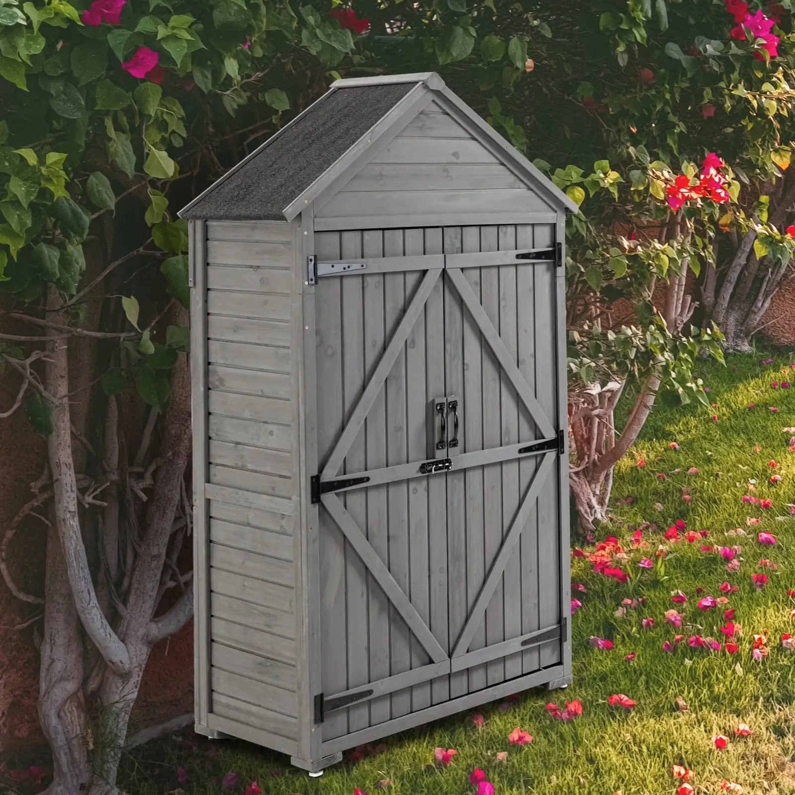 68.89 Outdoor Storage Shed. Modern Multi-Function Wood Tall Storage Cabinet with Door. Shelves. Outside Wooden Shed Closet for Yard. Grey