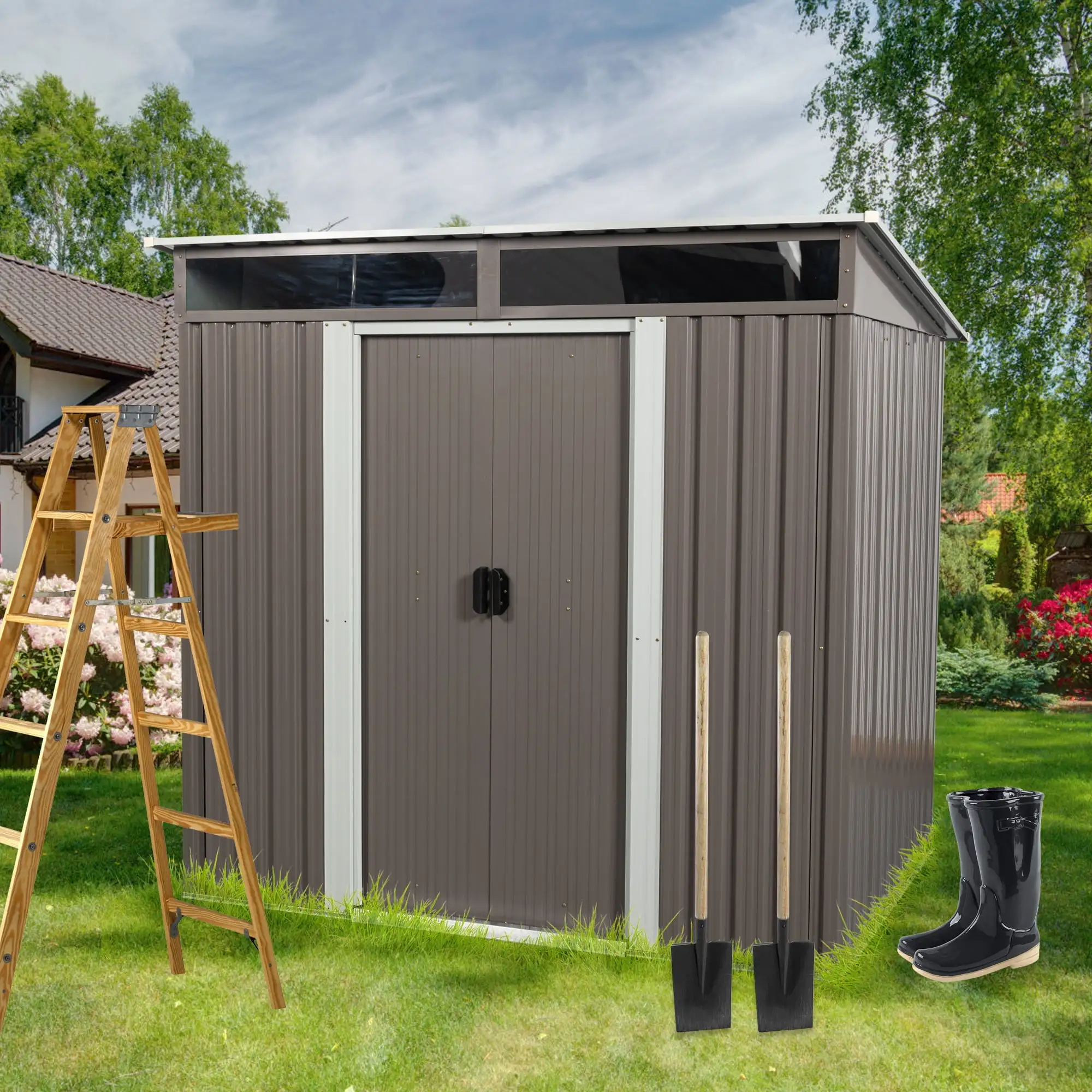 6FT x 5FT Outdoor Metal Storage Shed With Floor Frame Sun Protection Waterproof Storage House With Lockable Sliding Door For Patio Lawn Backyard