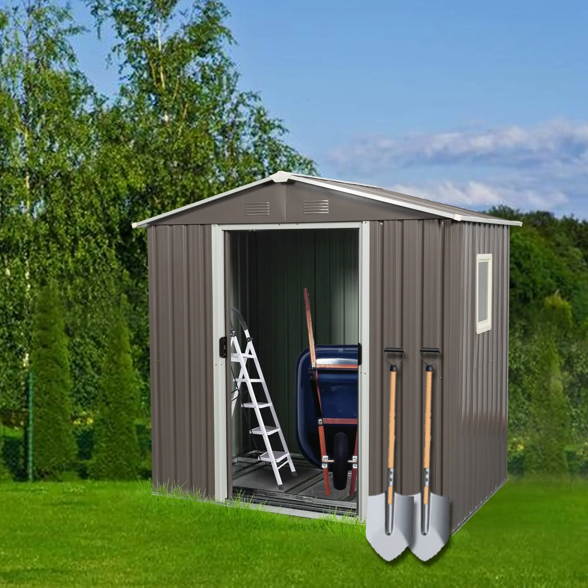 6ft x 5ft Outdoor Metal Storage Shed with Window and Sliding Door - Sturdy Garden Shed for Outdoor Storage. Tools. and Equipment