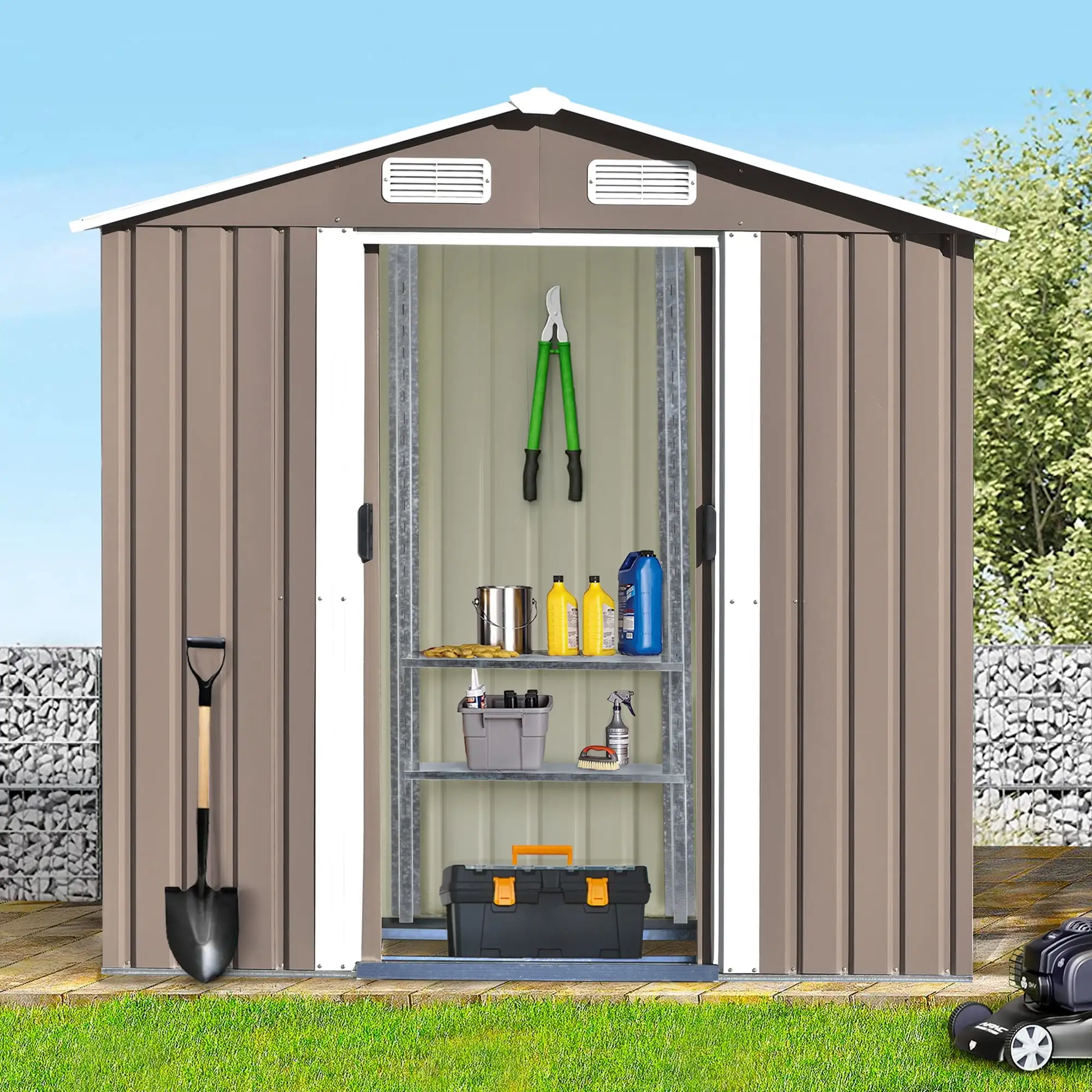 6ft x4ft Bike Shed Garden Shed. Metal Storage Shed with Adjustable Shelf and Lockable Door. Tool Cabinet with Vents and Foundation for Backyard. Lawn. Garden. Brown