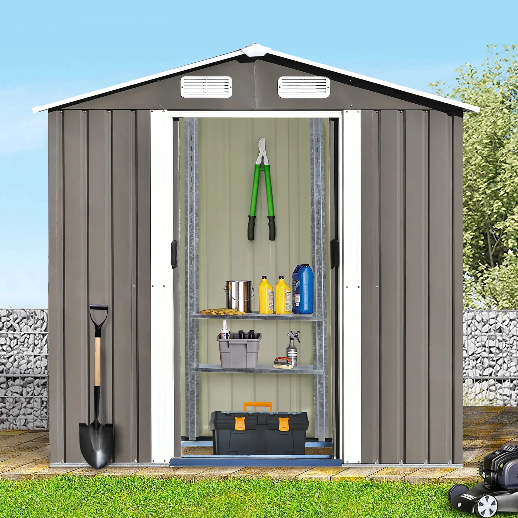 6ft x4ft Bike Shed Garden Shed. Metal Storage Shed with Adjustable Shelf and Lockable Door. Tool Cabinet with Vents and Foundation for Backyard. Lawn. Garden. Gray