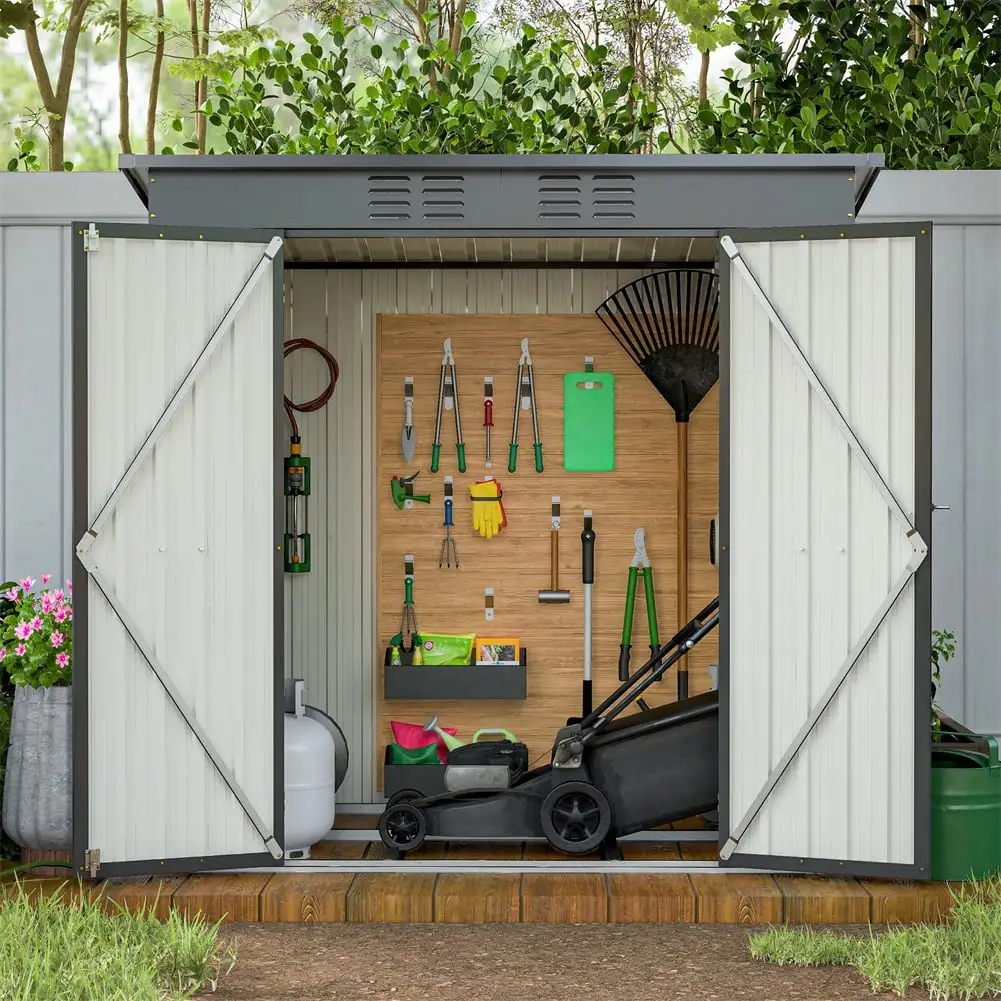 6ftx4ft Outdoor Storage Shed With Double Hinged Door. Metal Garden Shed Storage House With 2 Integrated Punched Vents For Outdoor Patio Lawn Backyard