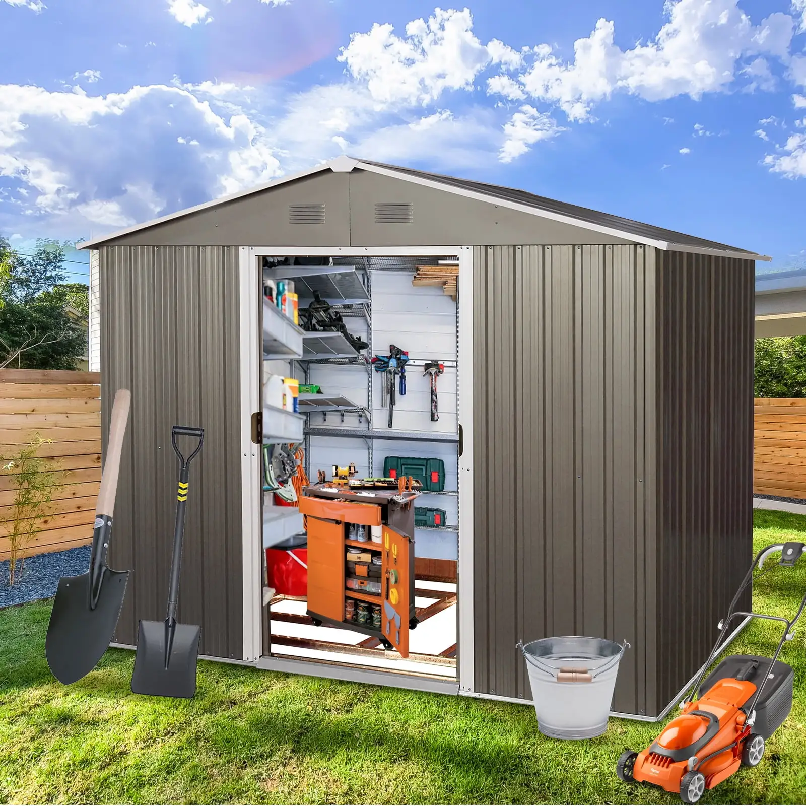 6ftx8ft Outdoor Storage Shed With Floor Base. Metal Garden Shed Storage House With Lockable Sliding Door For Outdoor Patio Lawn Backyard