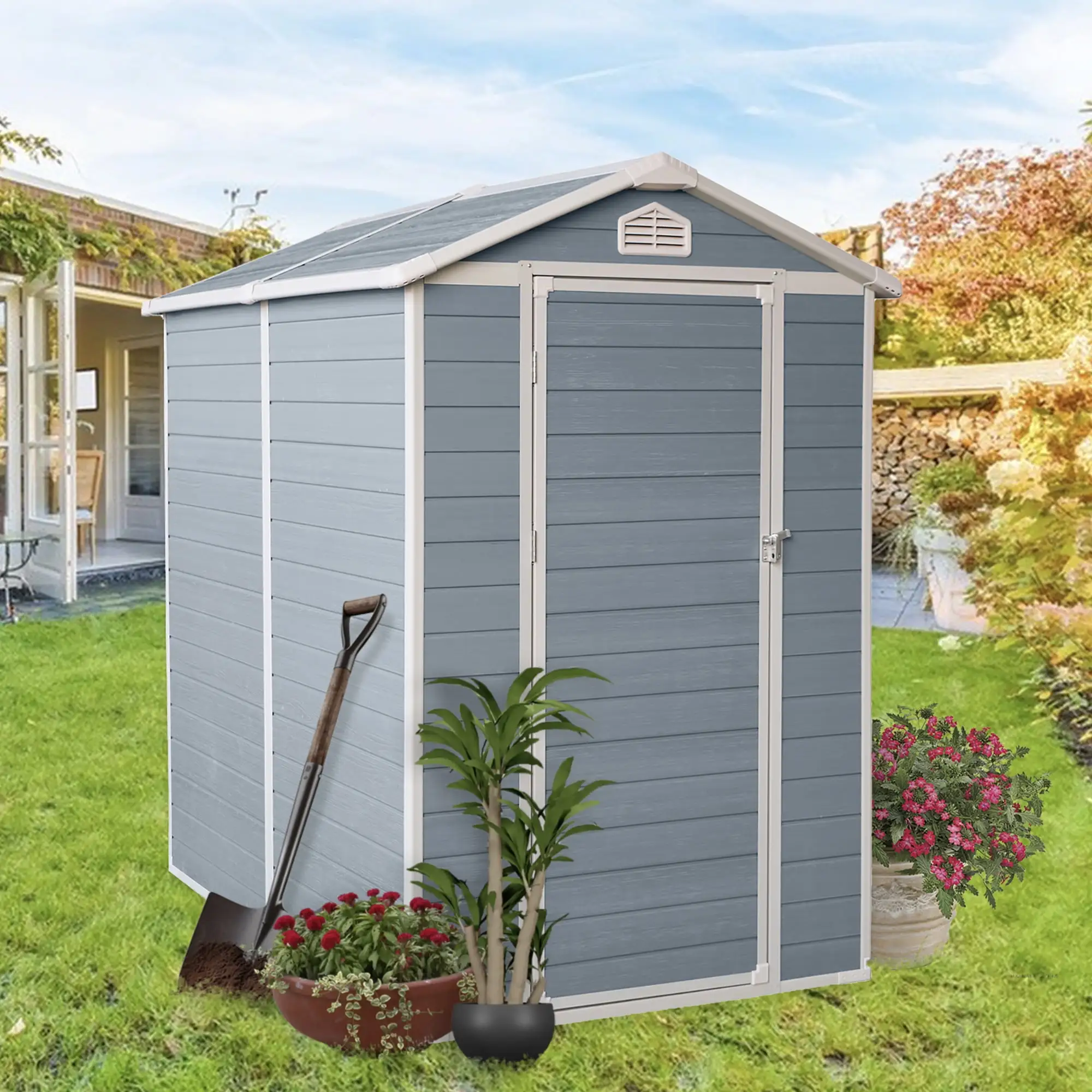 6x4 FT Outdoor Storage Shed. Plastic Utility Tool Storage Shed with Door Lock. Waterproof Roofs. for Backyard Garden Patio Lawn. Grey & White