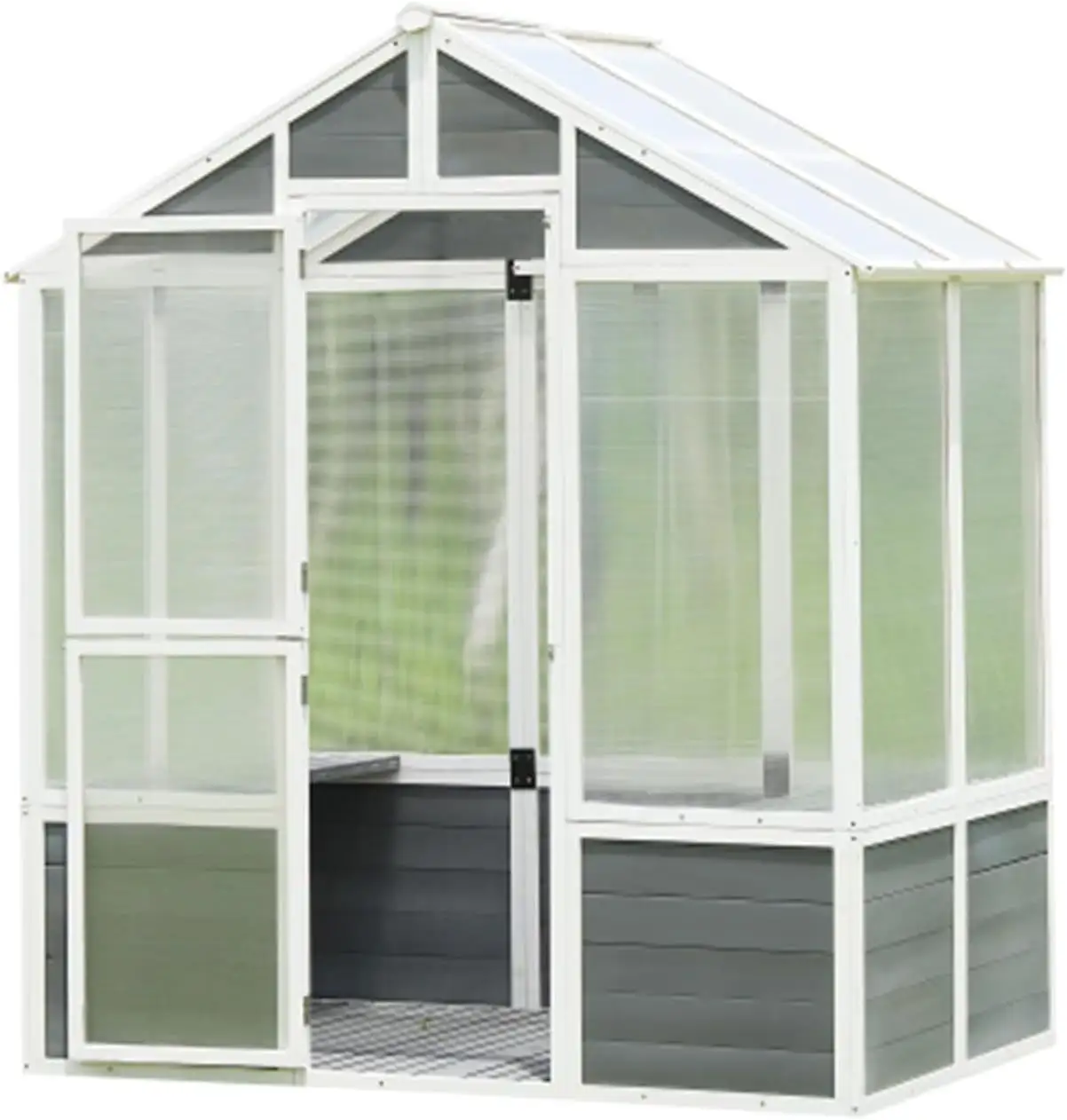 6x4 FT Polycarbonate Greenhouse. Wood Greenhouse Polycarbonate Plant Garden shed. Walk-in Outdoor Plant Garden Greenhouse with 2 Shelves. Wood Base and Front Door for Patio Backyard Lawn