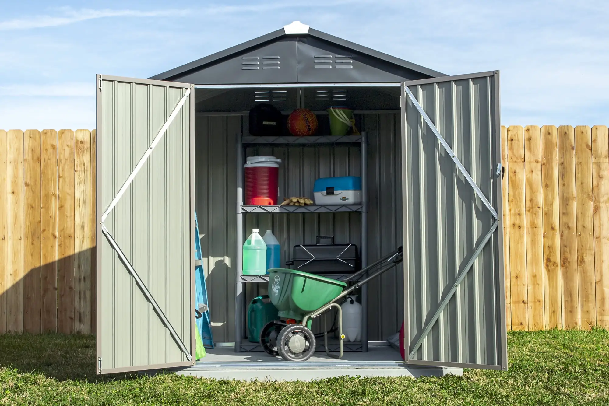 6x4 Metal Outdoor Storage Shed: Double Lockable Doors for Backyard or Patio Storage. Tan