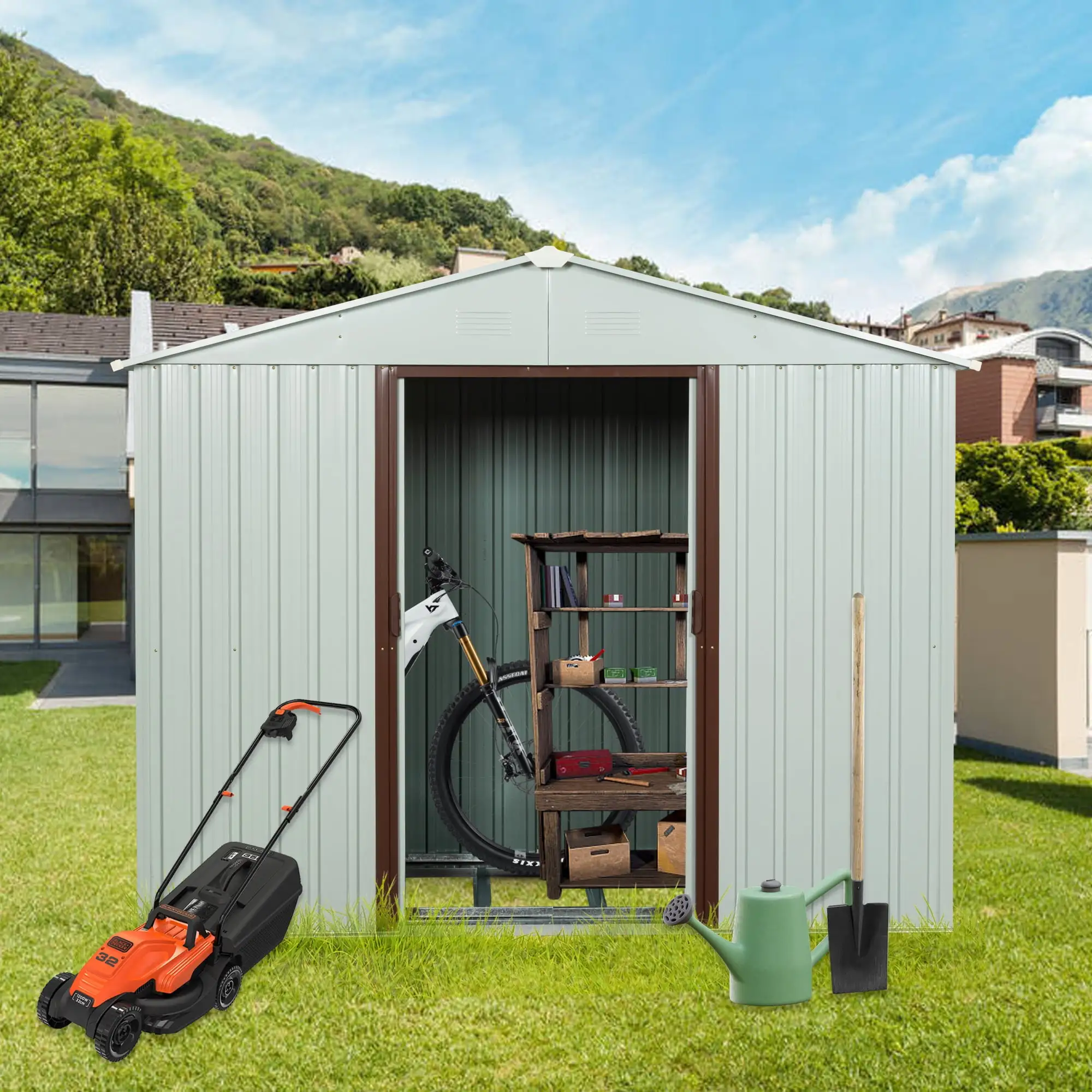 6x5 FT Outdoor Garden Storage Shed. Waterproof Metal Garden Sheds with Floor Base. Weather Resistant Steel Tool Storage House Shed for.Garden.Patio.Lawn White