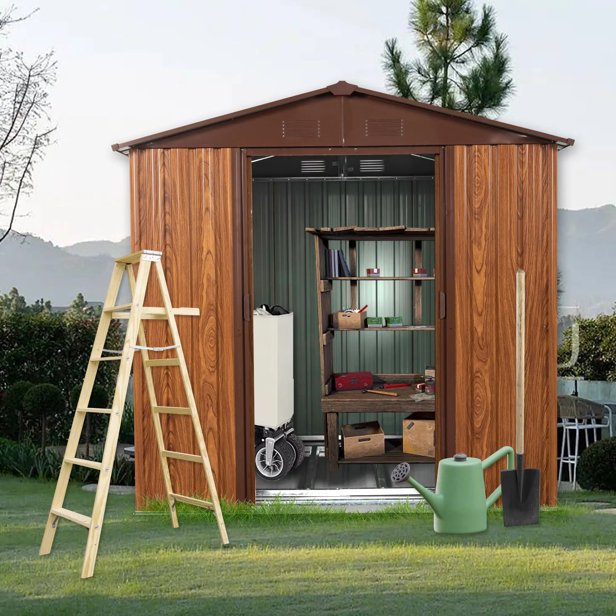 6x6 FT Outdoor Garden Storage Shed. Waterproof Metal Garden Sheds with Floor Base and Window. Weather Resistant Steel Tool Storage House Shed for.Garden.Patio.Lawn Coffee