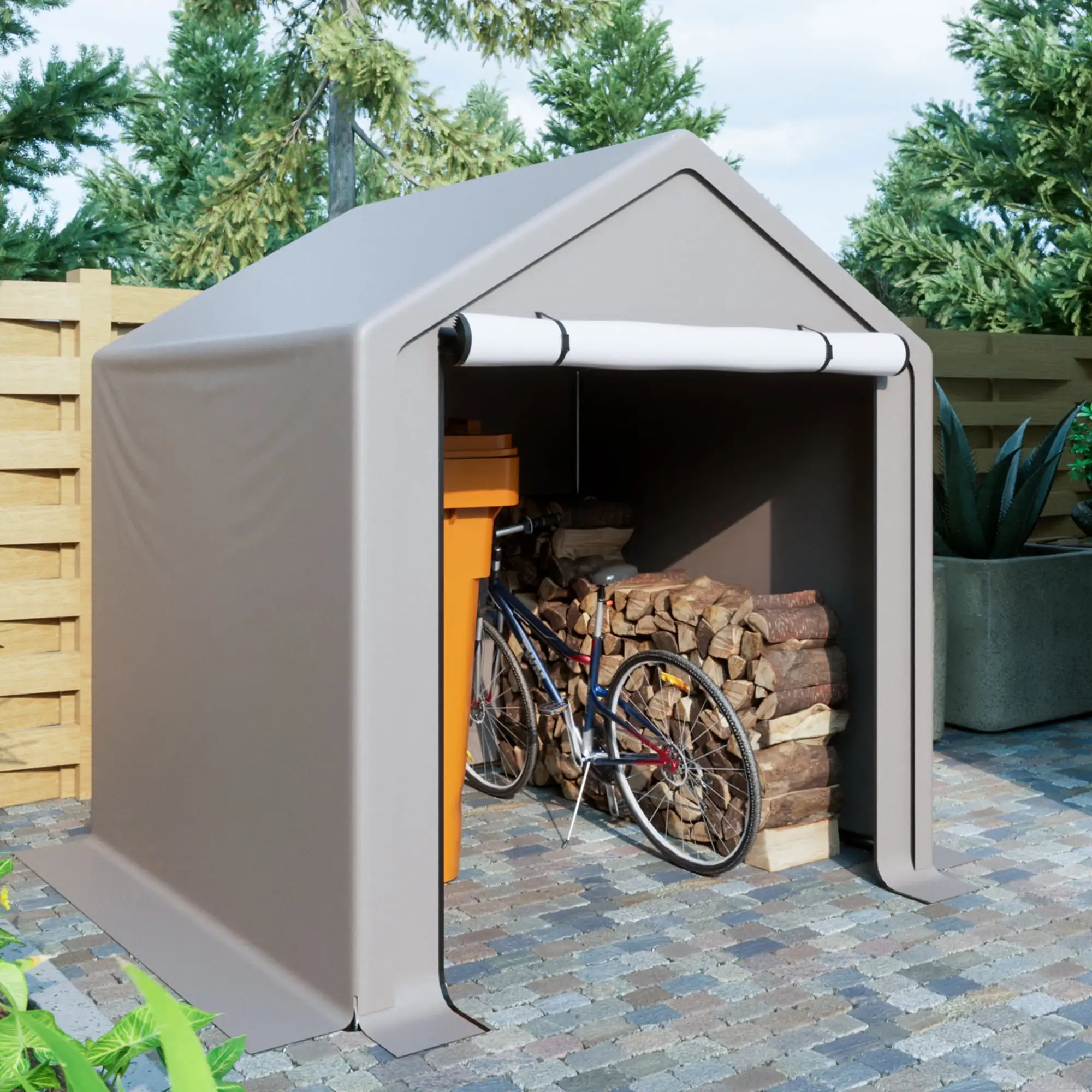 6x6 ft Outdoor Storage Shelter Shed. Portable Garage Tent with Roll-up Doors Shelter for Garden Tool. Lawn Mower. Motorcycleand. Bike - Gray