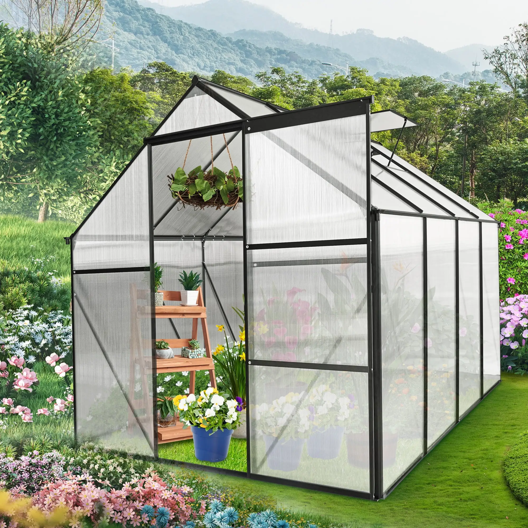 6x8 FT Walk-in Greenhouses.Greenhouse Storage Shed with Sliding Doors and Adjustable Roof Vent.Aluminum Sunroom Heavy Duty Green House for Outdoor Garden Patio Backyard