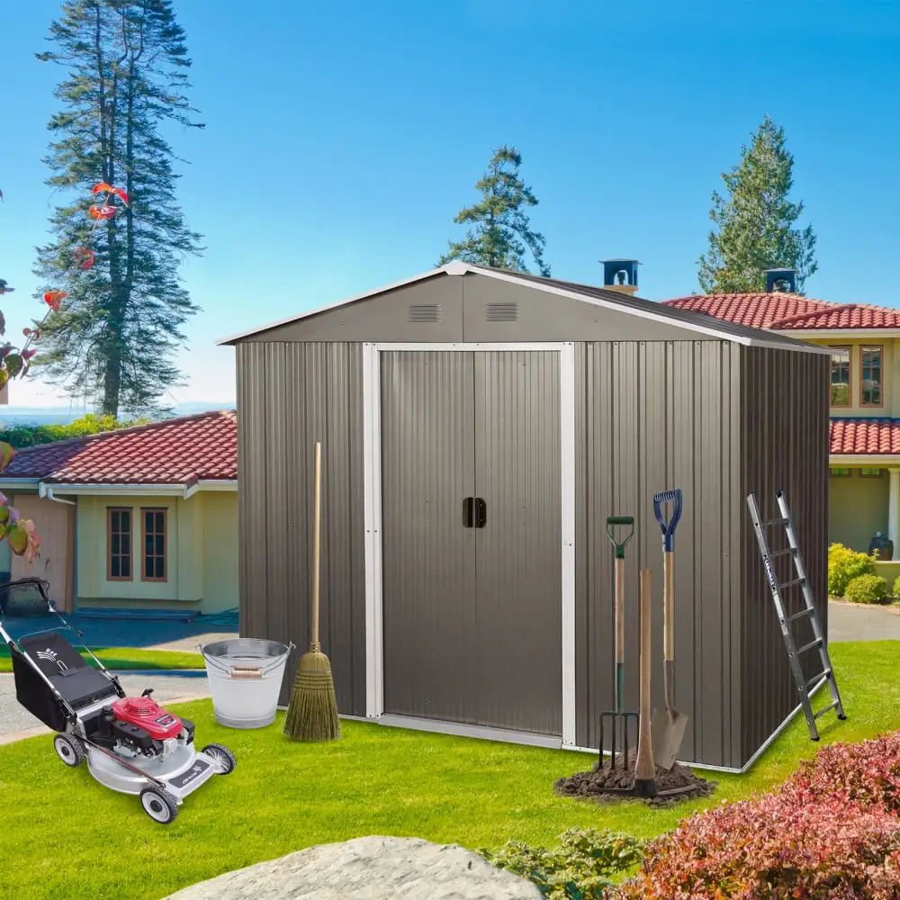 6x8Ft Outdoor Storage Shed with Floor Base. Garden Metal Shed Storage House with Lockable Sliding Door