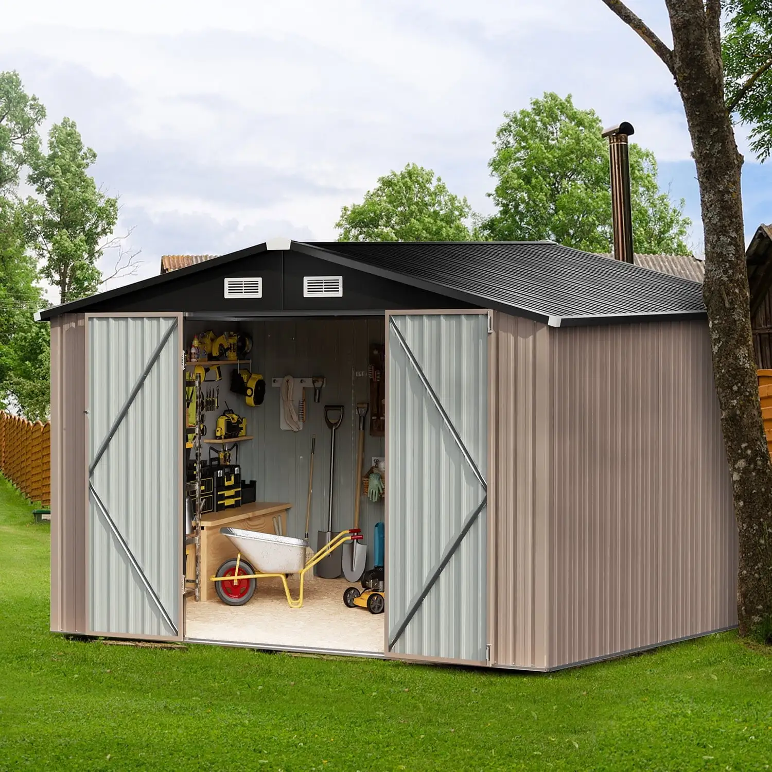 7.6x9.7 FT Galvanized Metal Shed Shed with Lockable Door Brown--without base