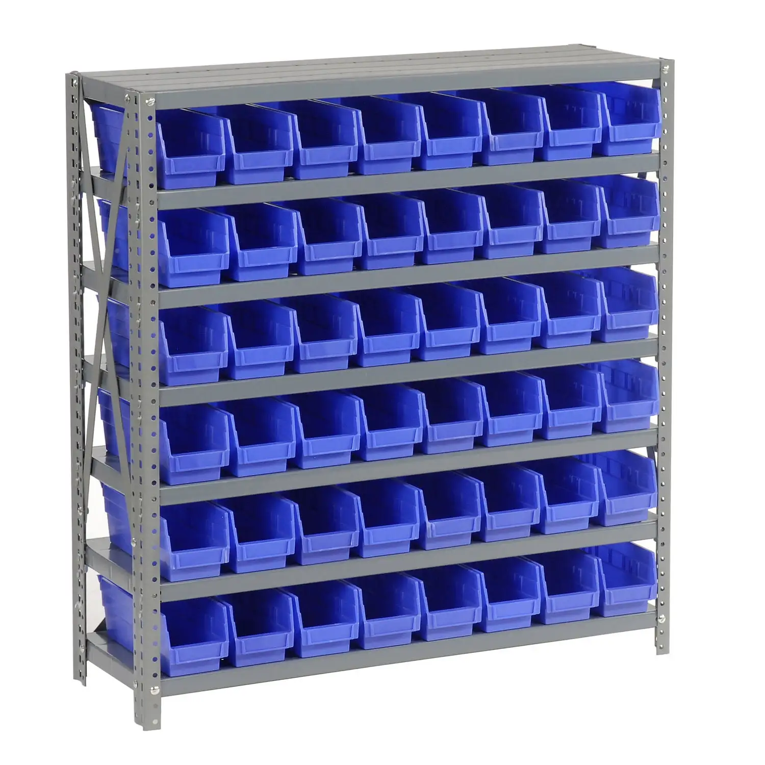 7 Shelf Steel Shelving with (48) 4H Plastic Shelf Bins. Blue. 36x12x39