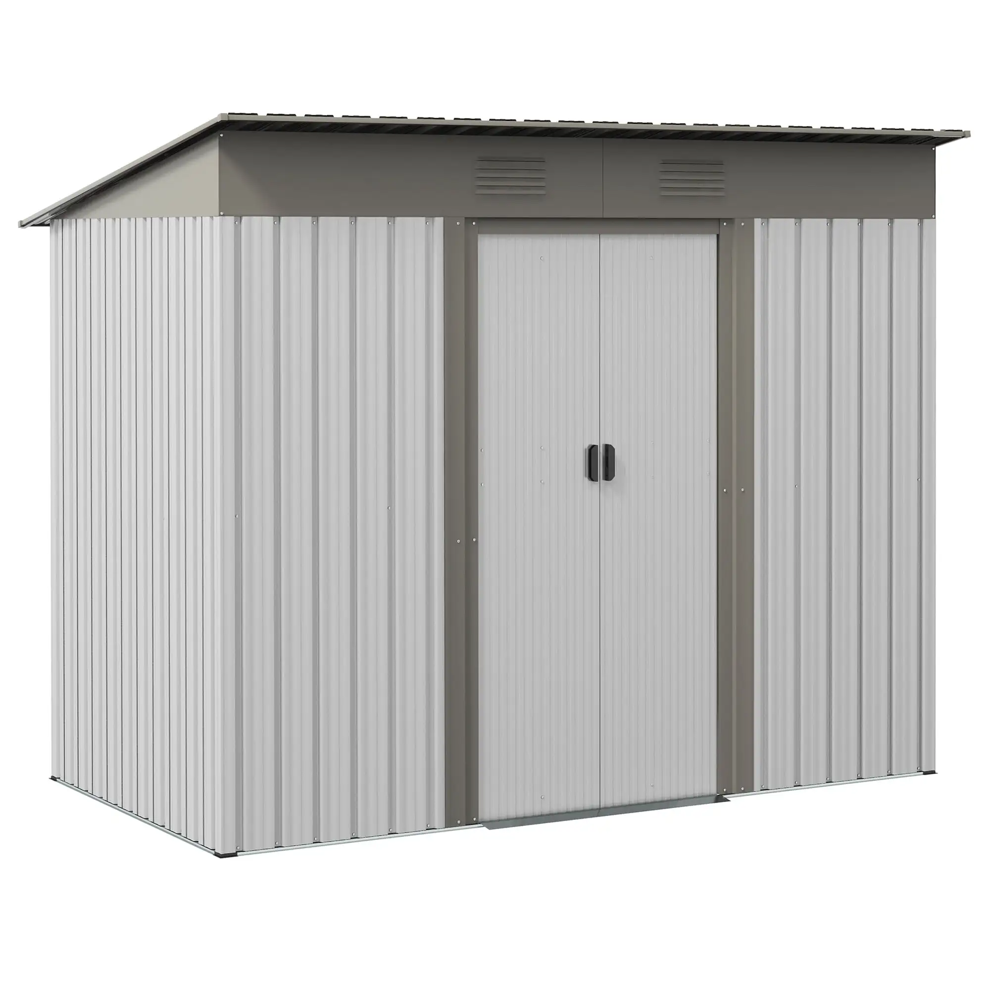 7' X 4' Metal Lean To Garden Shed. Outdoor Storage Shed. Garden Tool House With Double Sliding Doors. 2 Air Vents For Backyard. Patio. Lawn. Silver