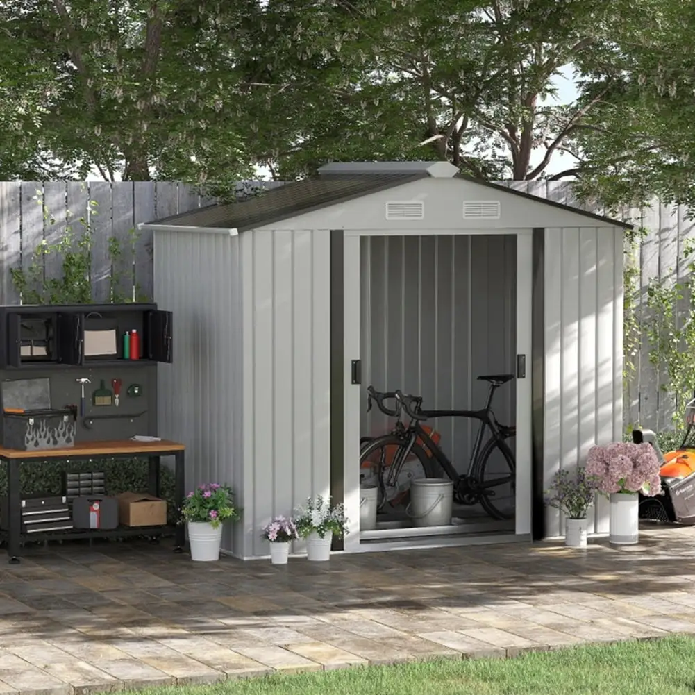 7' X 4' Metal Waterproof Outdoor Garden Tool Storage Shed Cabinet With Floor Included For Backyard Patio. White