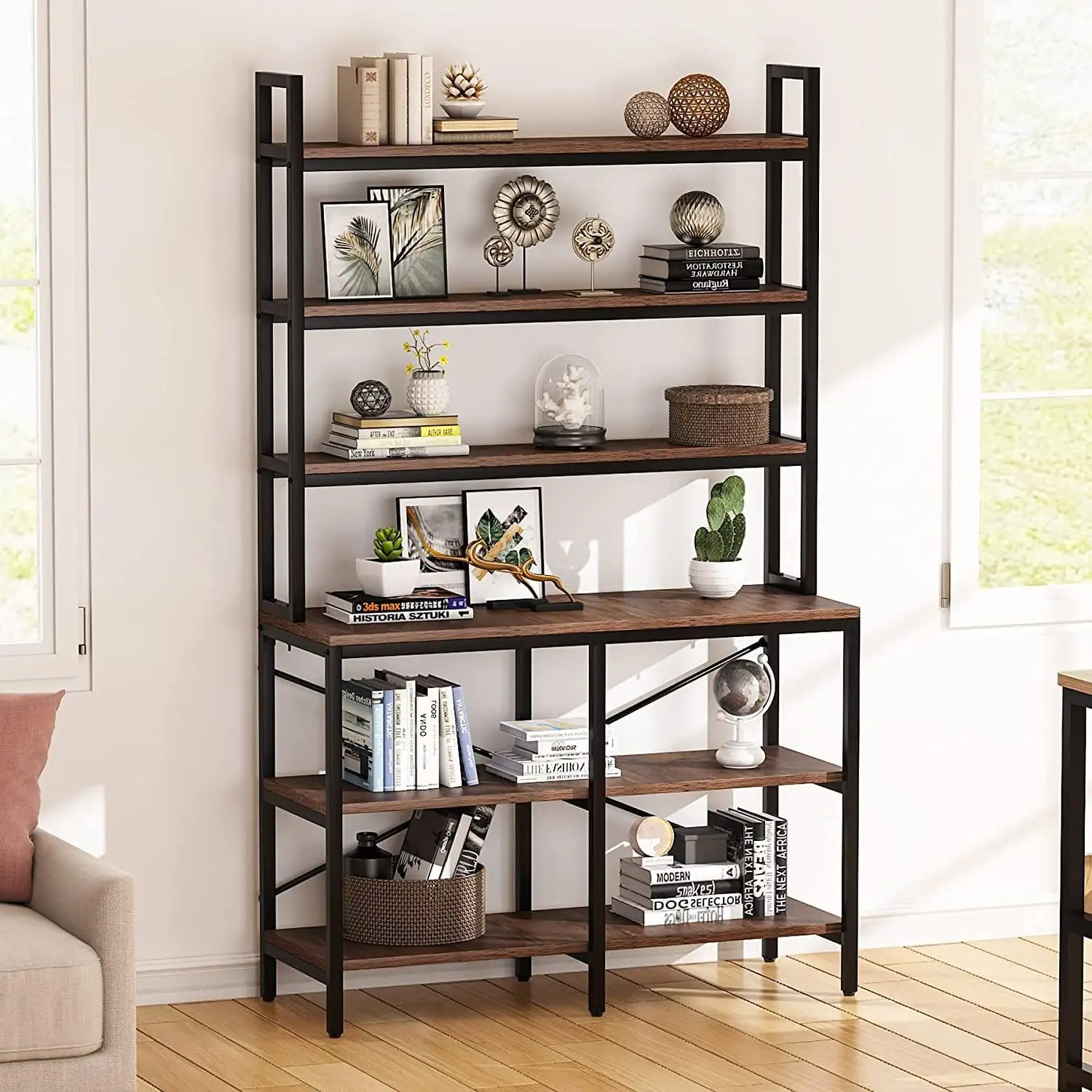 70.8 Inch 6-Tier Bookshelf. Open Storage Shelves. 6 Shelf Storage Rack with X-Shaped Frame Black/Brown Industrial